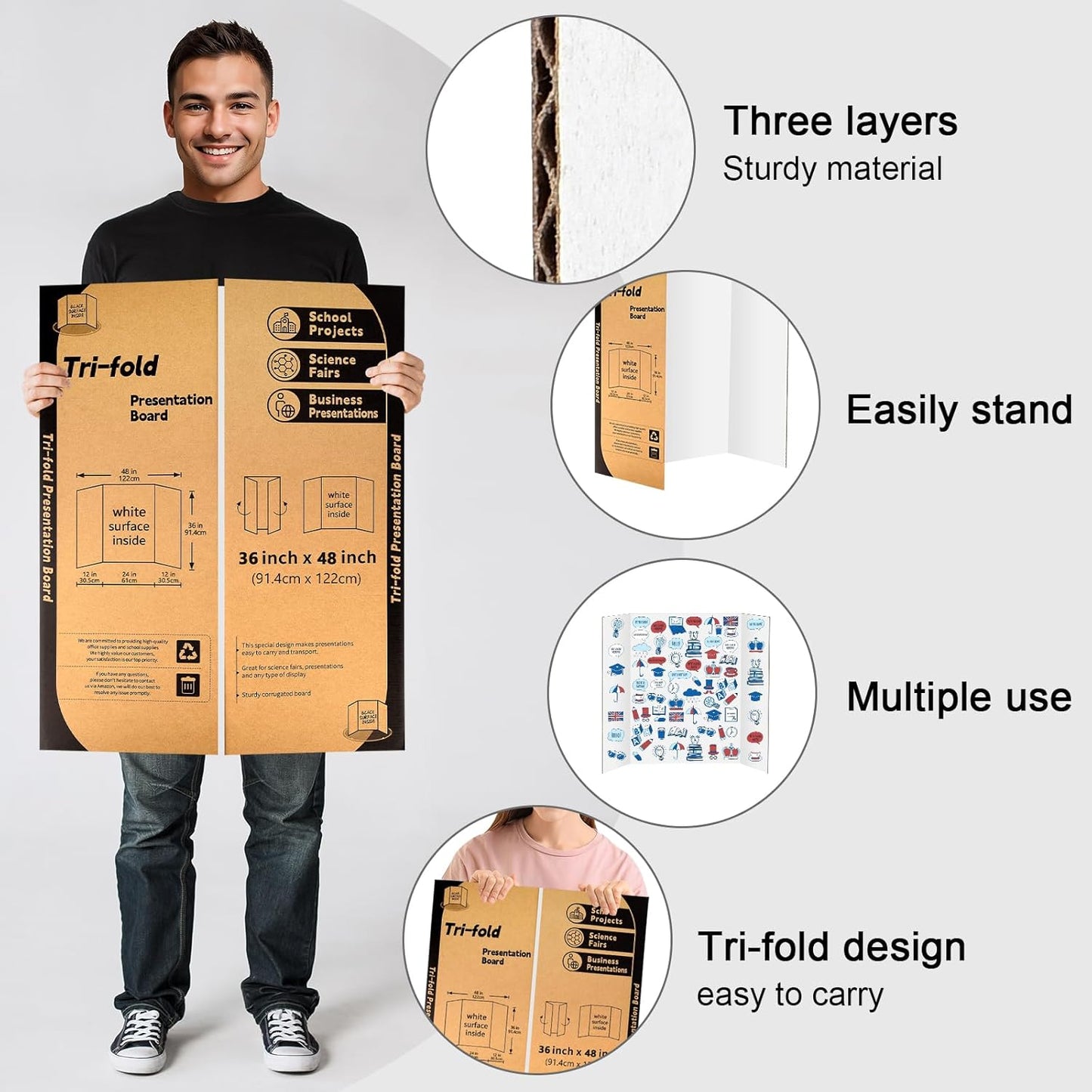 2 Pack Trifold Poster Board 48" X 36", IKAYAS Single sided White Poster Boards, Science Fair Display Boards Posterboard Foamboard for Mounting, Prints, Art, Display,Projects Classroom Supplies