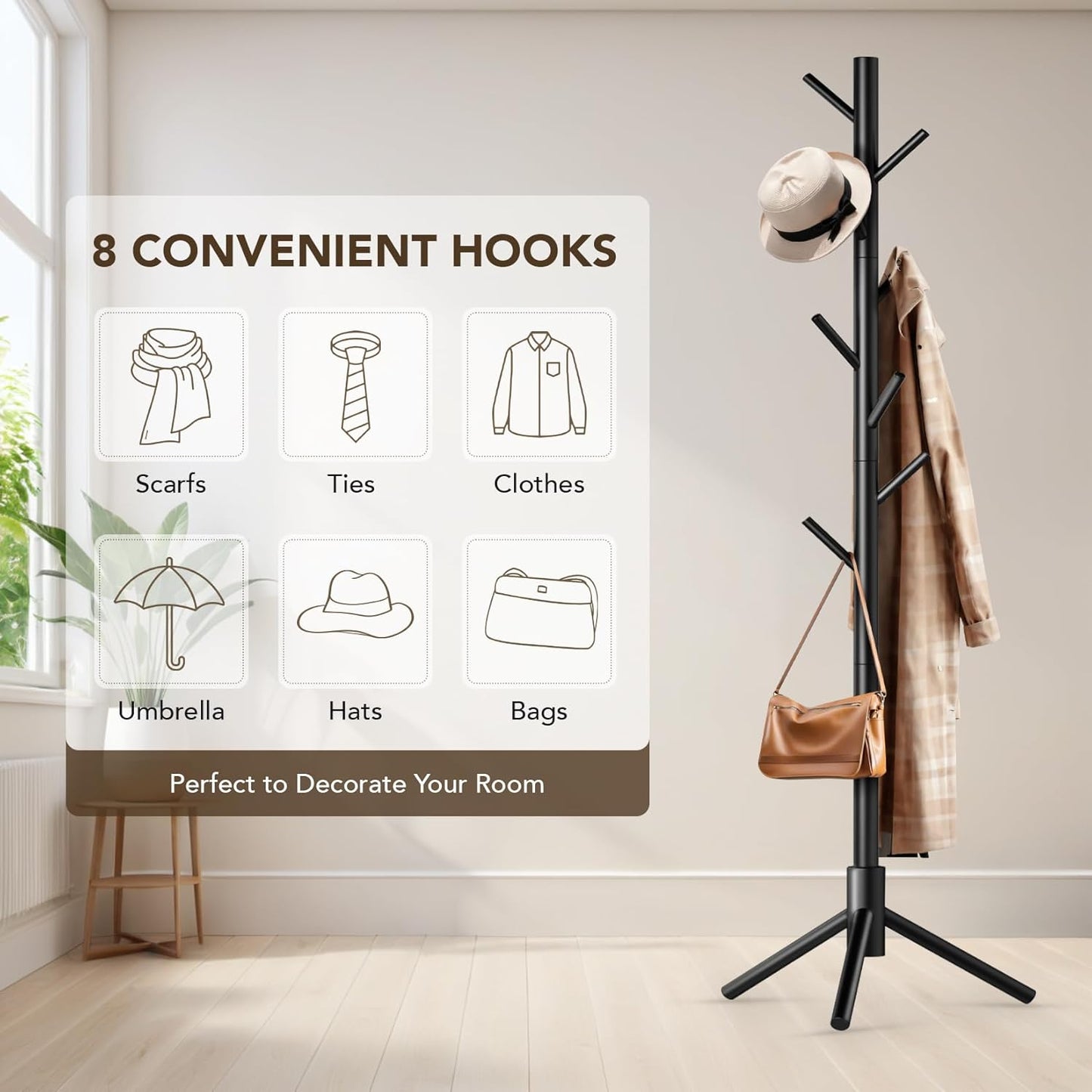 Wooden Tree Coat Rack Stand,Sturdy Freestanding Coat Rack with 8 Hooks,3 Adjustable Height for Child Adult,Wood Coat Stand Tree Fits Entryway Bedroom Office for Bags,Hats