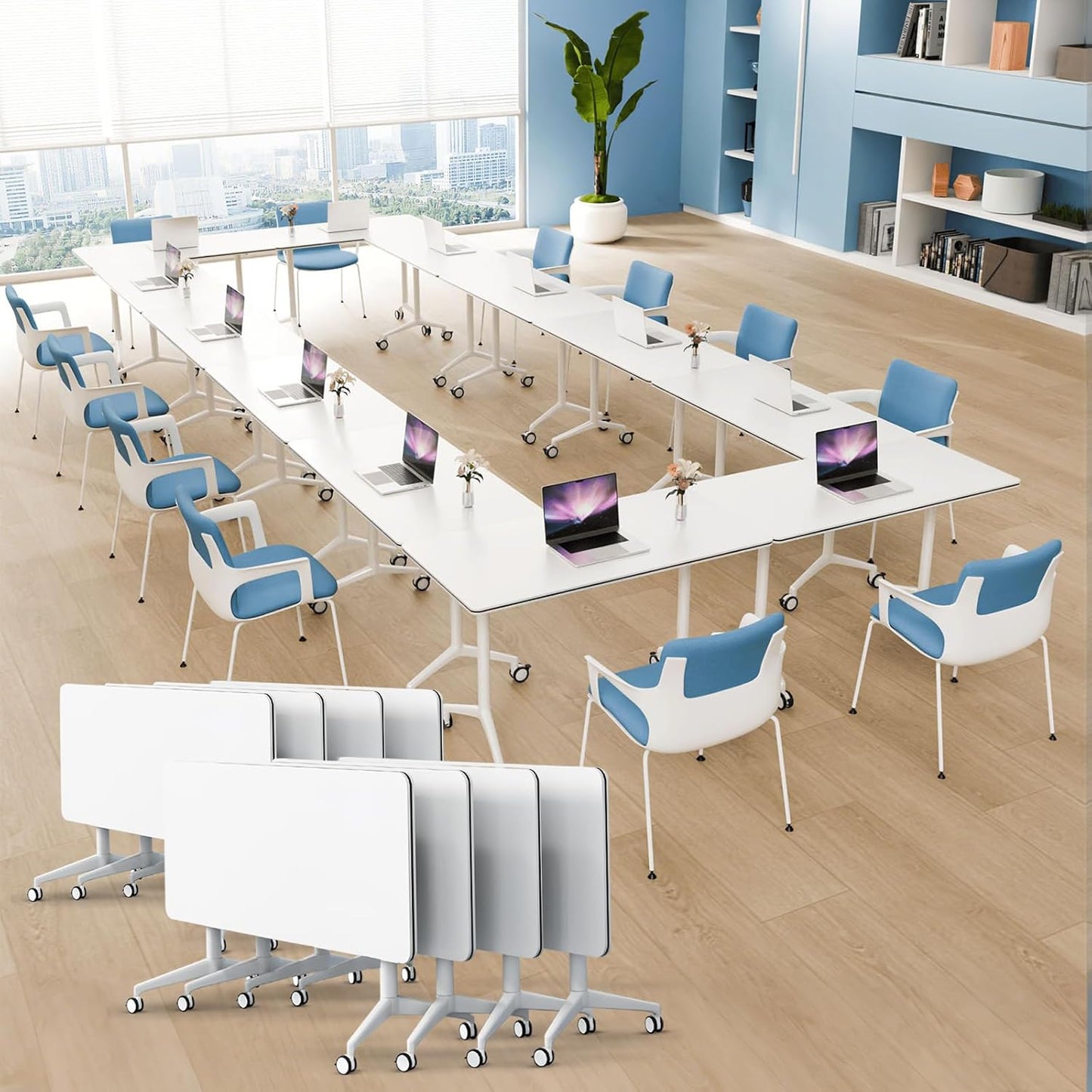8pack Folding Conference Room Table, Modern Conference Tables with Silent Wheels, Large Rectangular Mobile Training Tables for Office Classroom, Foldable Modular Seminar Table White (L63in)