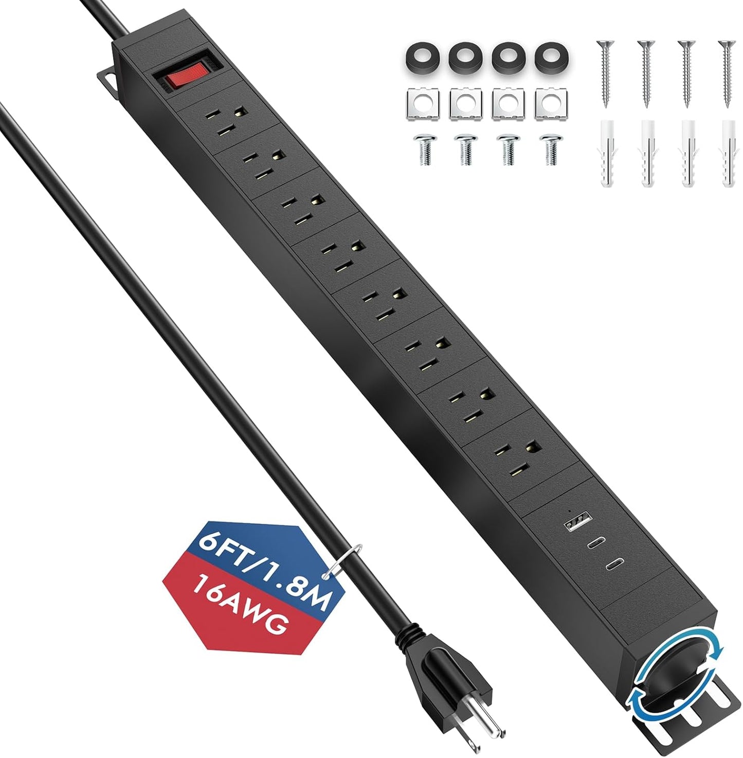 8 Outlet Metal Wall Mount Power Strip,360° Rotatable Mounting,PD 20W USB C Fast Charging,Surge Protector Powerstrip with 6FT Cords,15A 1875W, for Home Office Industrial Garage Commercial