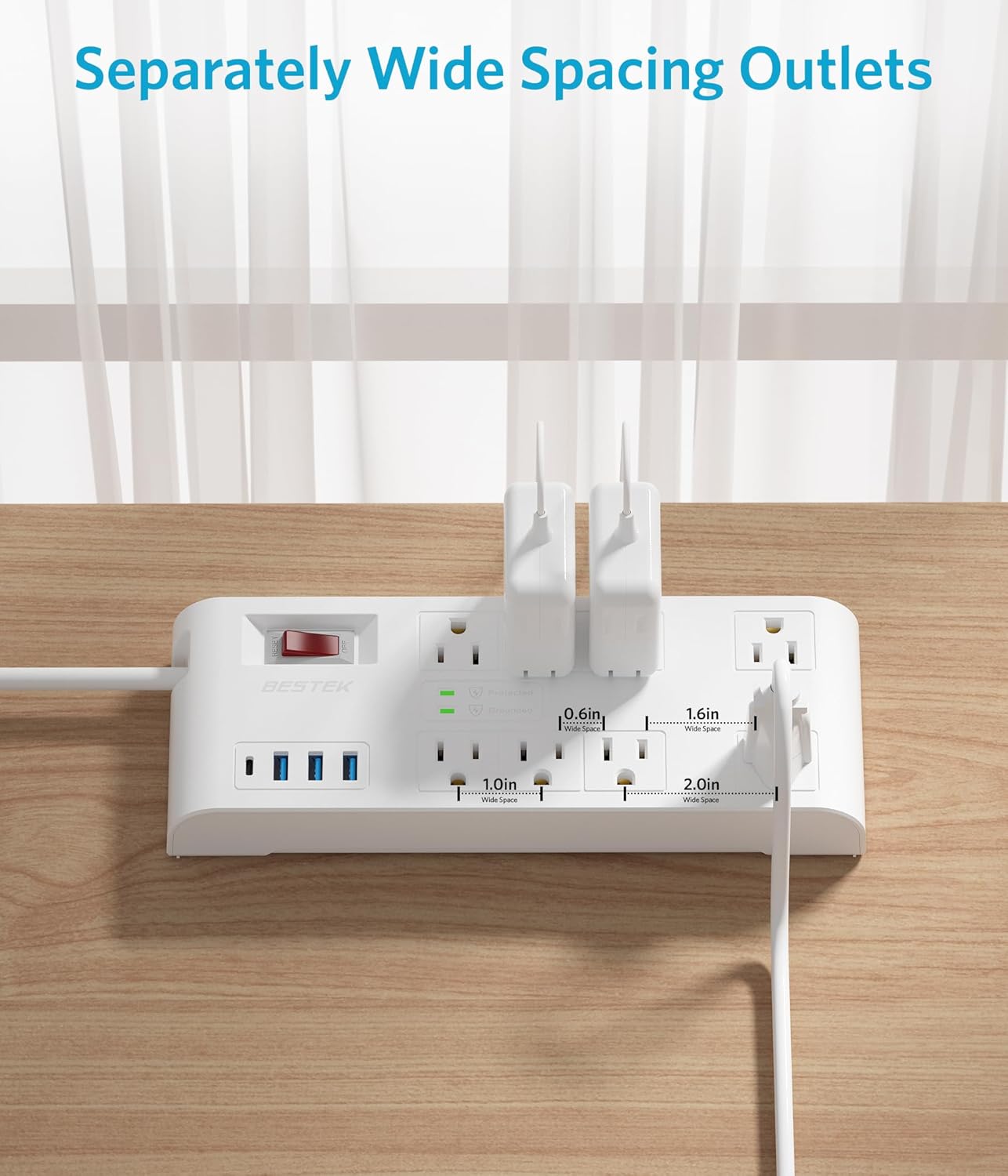 BESTEK 4,000 Joules Surge Protector with USB, Power Strips with 8 AC Outlet, 3 USB-A 2.4A 1USB-C 3A, MAX Output 1625W 13A, Long 5 Feet Heavy Duty Extension Cords 7 White