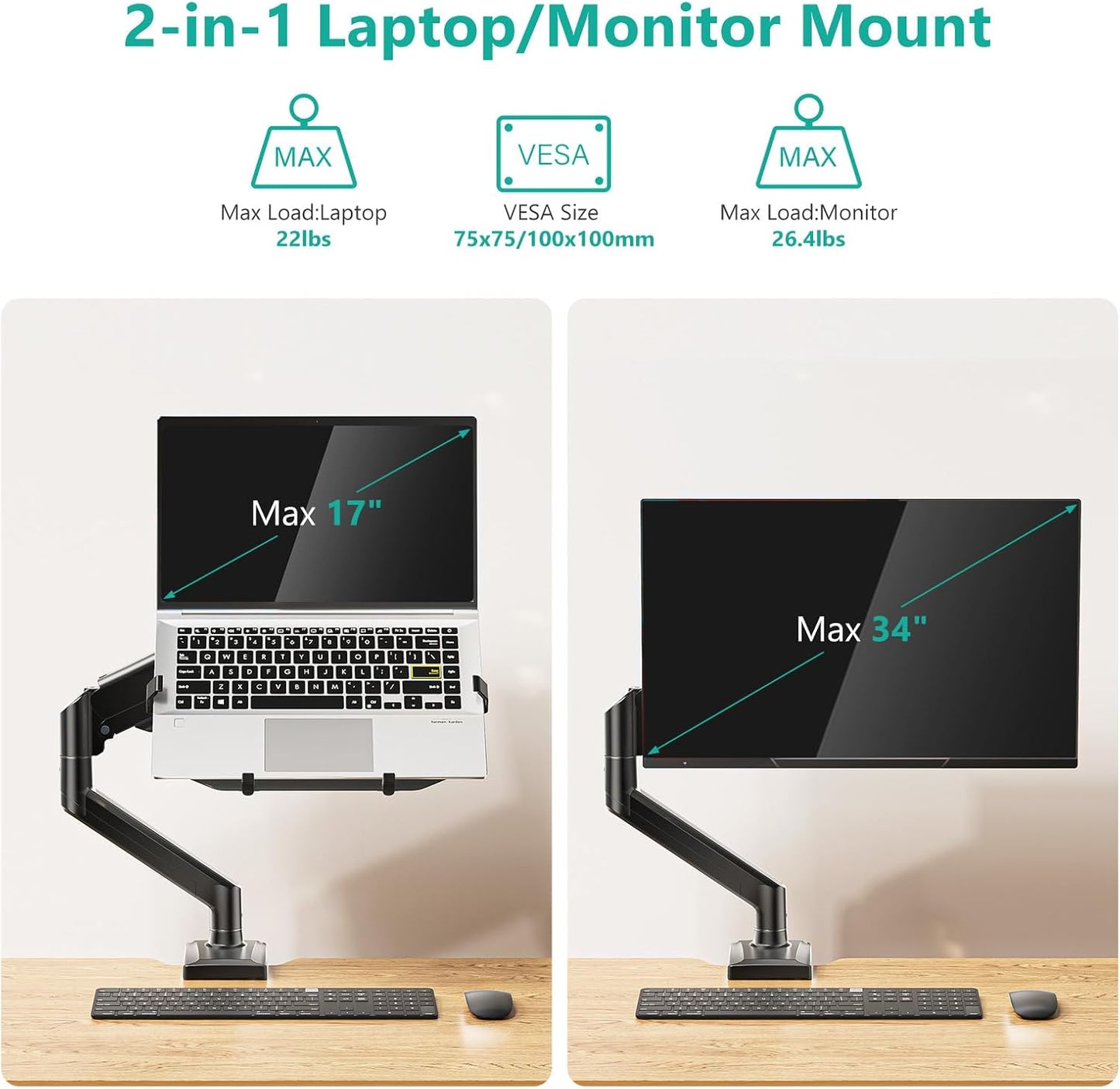 WALI Laptop Desk Mount, 2-in-1 Monitor Mount with Adjustable Laptop Tray, Fits Max 17" Notebook and 34" Computer Screen, Max Holds 22-26.4 lbs, Single Monitor Laptop Stand for Desk (GSMP001NLP), Black