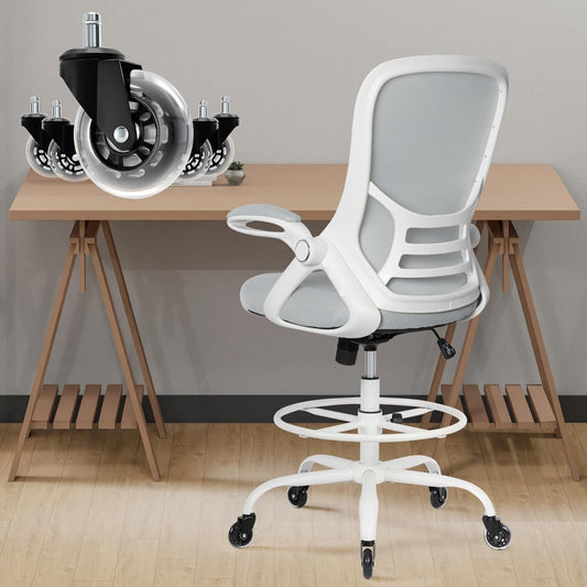 HYLONE Drafting Chair Tall Office, Ergonomic Standing Desk Stool Adjustable Drafting Chair Big Tall Drafting Office Chair White