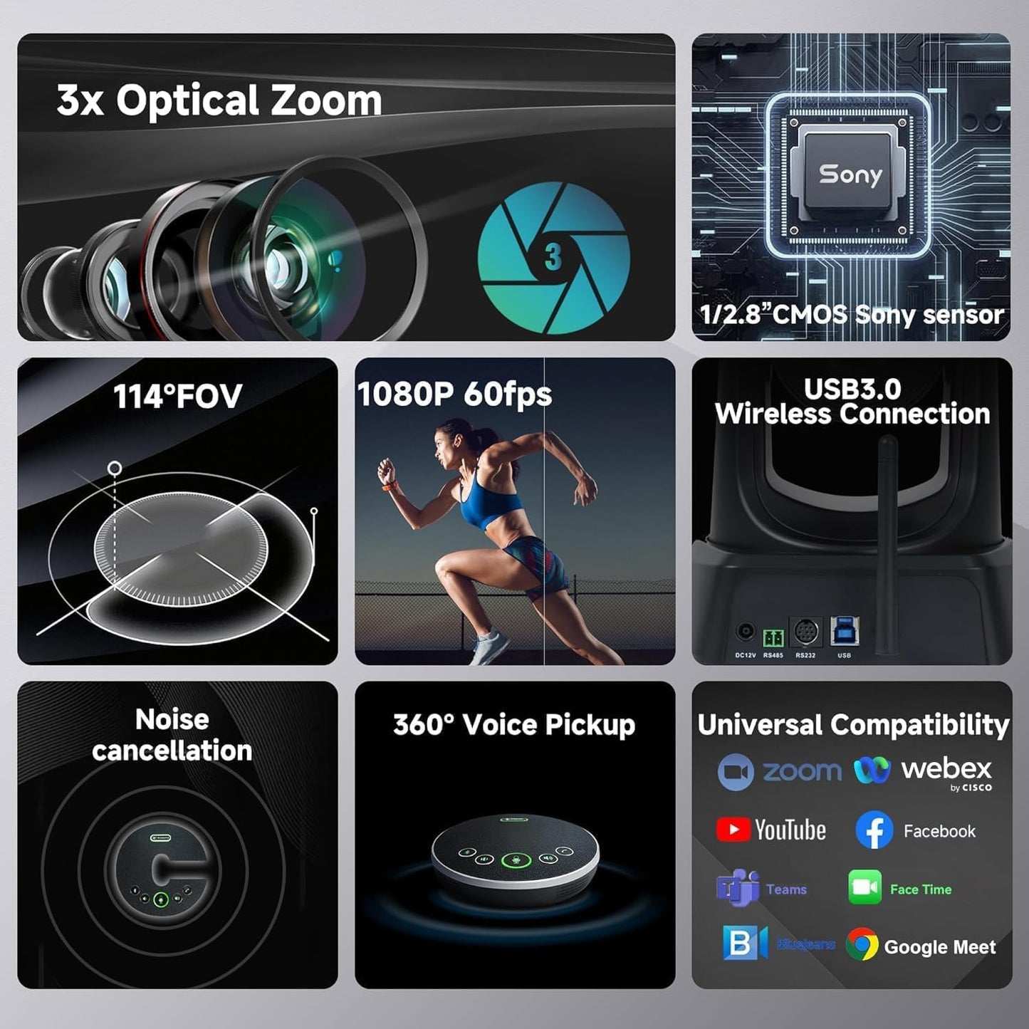 5.8GHz Wireless Conference Room Camera System | 3X 60fps PTZ Camera with Bluetooth Microphone, 50ft Range, Compatible with Zoom, OBS - Easy Setup for Worship and Online Meetings