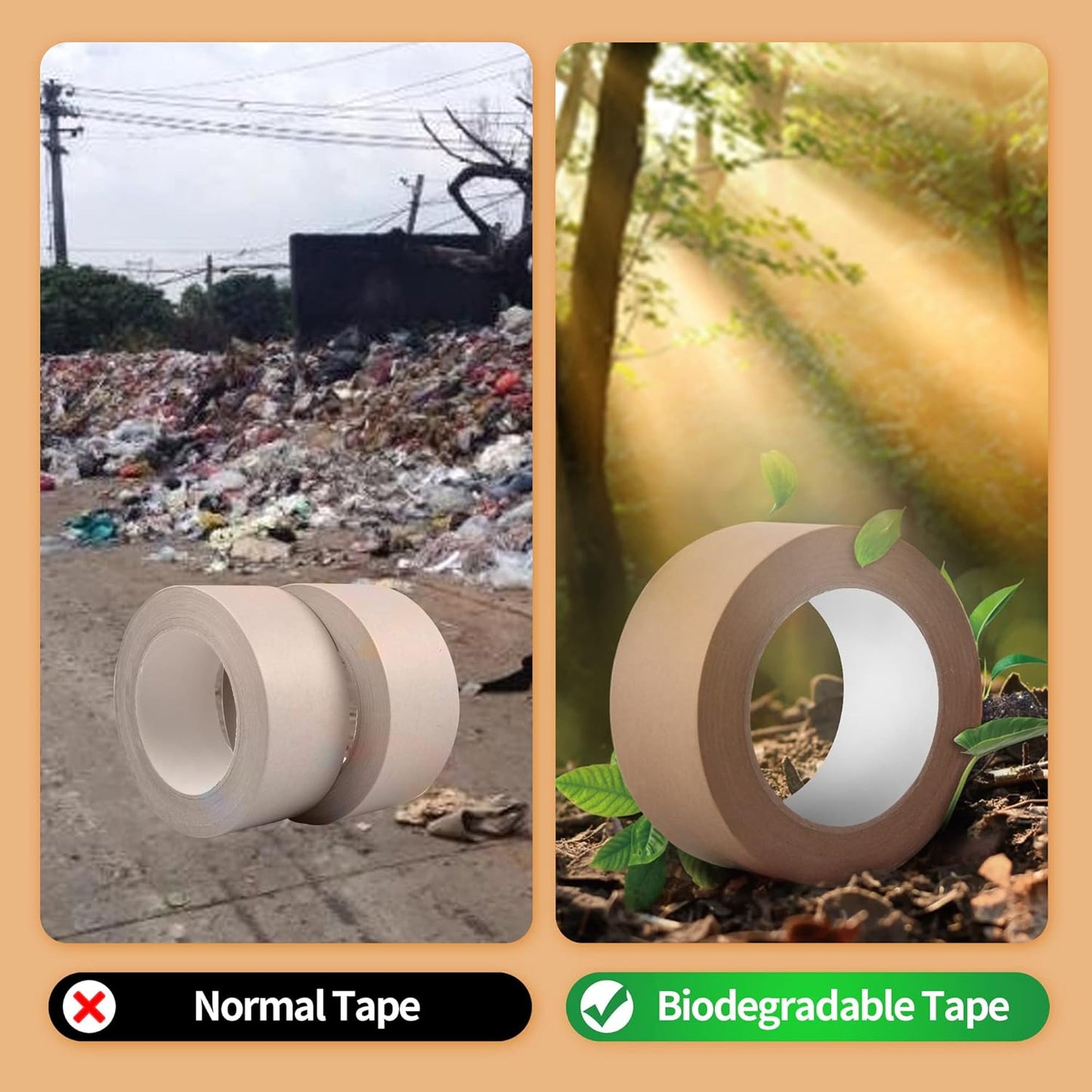 Eco-Friendly Kraft Paper Tape, Biodegradable Kraft Paper Tape, Recyclable Writable Packing Tape, Non-Coated Surface for Masking, Sealing, 2inch x 60yards, 6Rolls