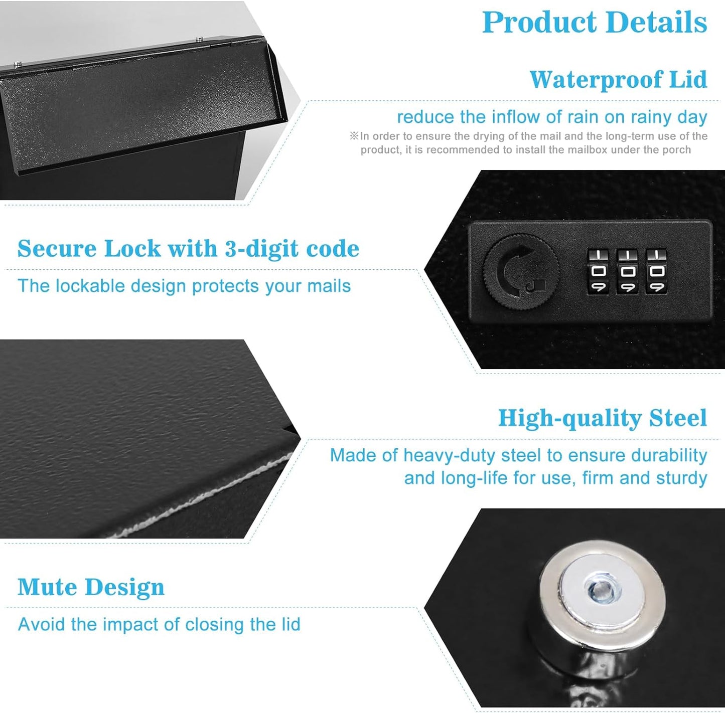 xydled Mail Boxes with Combination Lock,Locking Mailbox Wall Mounted,Security Metal Mailbox Drop Box, Modern Large Capacity,Steel Cover Metal Postbox for House Home Outside, Black, 14.2''x12.6''x4''