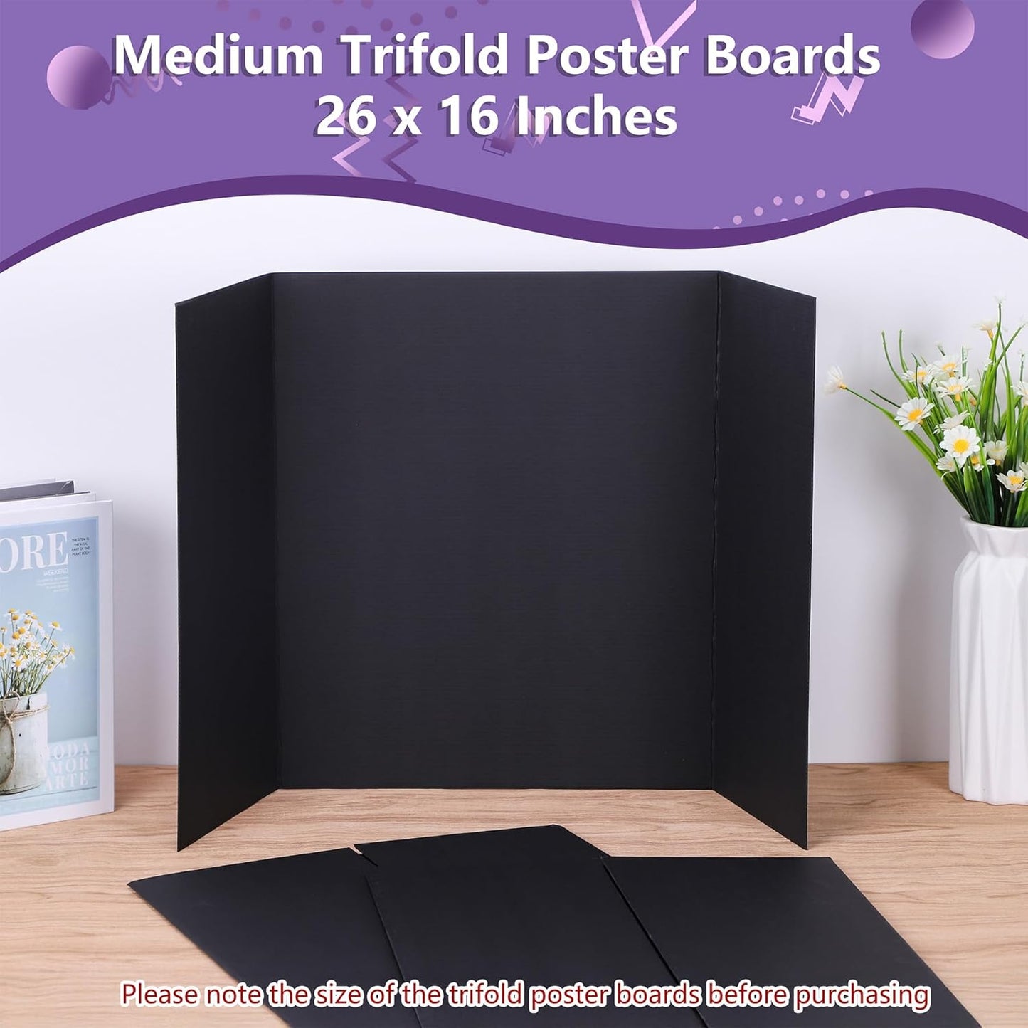 3 Pack Medium Trifold Poster Board 26" x 16" Tri Fold Poster Boards Black Corrugated Cardboard Project Boards for Presentations, School Projects, Science Fair, Exhibition Event Display
