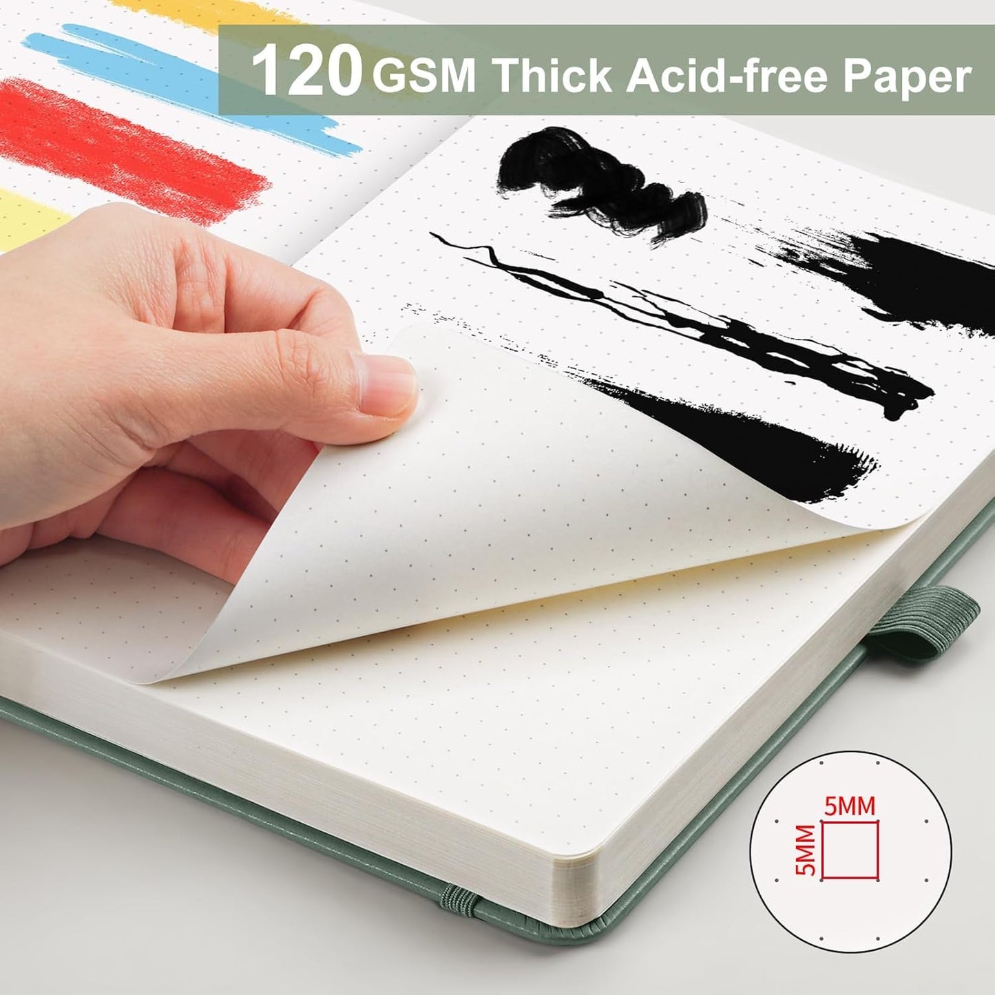 AHGXG Bullet Dotted Journal - Dot Grid Notebook Journal, 120 GSM Thick Acid-Free Paper, A5 Dotted Notebook 160 Pages, Leather Hardcover, Inner Pocket, Journal Stencil, 5.7'' × 8.3'' - Sage Green