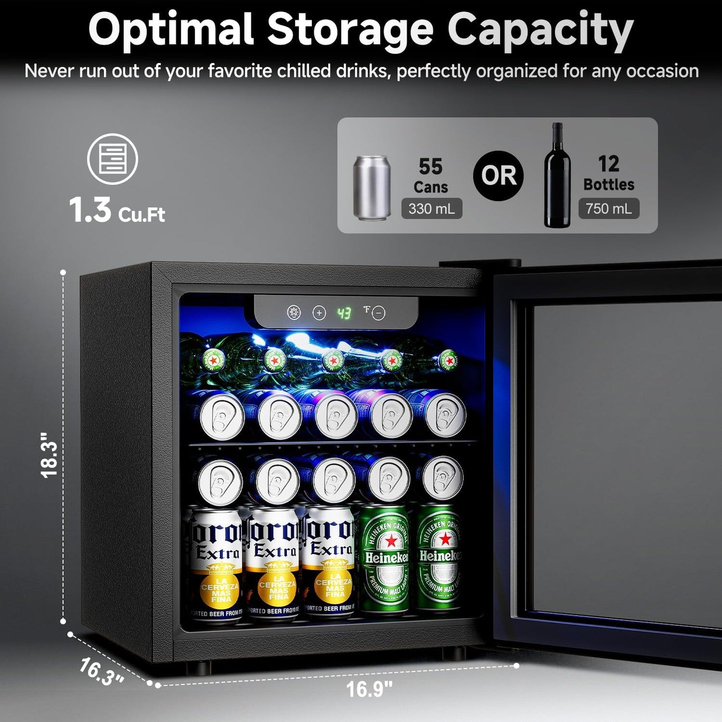 Beverage Refrigerator Cooler - 12 Bottle 50 Can Mini Fridge with Glass Door, Soda Wine Beer Drink Fridge - Small Refrigerator for Office Home Bedroom Dorm Bar, 1.3 Cu.Ft, Black