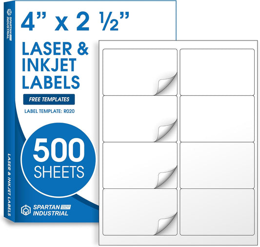 4" X 2 1/2" Printable Shipping Address Labels Compatible with Inkjet and Laser Printers - 500 Sheets, 4000 Total Matte White Paper Stickers for Mailing Packages and Envelopes - Spartan Industrial