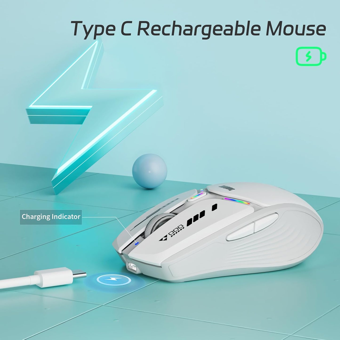 Uciefy V19 Wireless Mouse, 2.4GHz Rechargeable Mouse LED with Battery Indicator, Magnetic Computer Mice with USB Receiver & Type-C Adapter for Laptop/PC/Mac/Chromebook-White