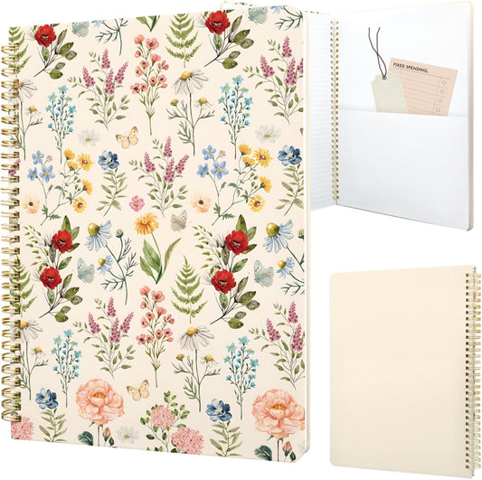 Cute Spiral Notebook journal A4 Aesthetic Pretty Design for Women Girls Kawaii with Pocket, 11.5 x 8.5 inch, Lined, Vintage Flower