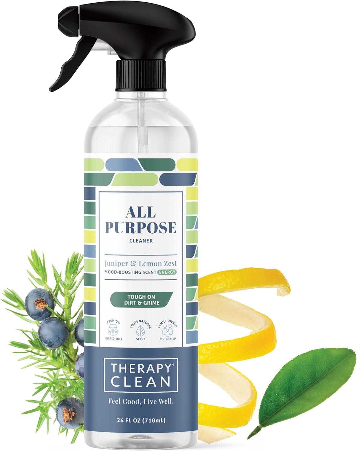 Therapy Clean All Purpose Cleaning Spray - Juniper & Lemon Zest 24 fl. oz - 100% Natural Scent, Kitchen Surface Counter, Surface Cleaner, Non Toxic All Purpose Cleaner Spray