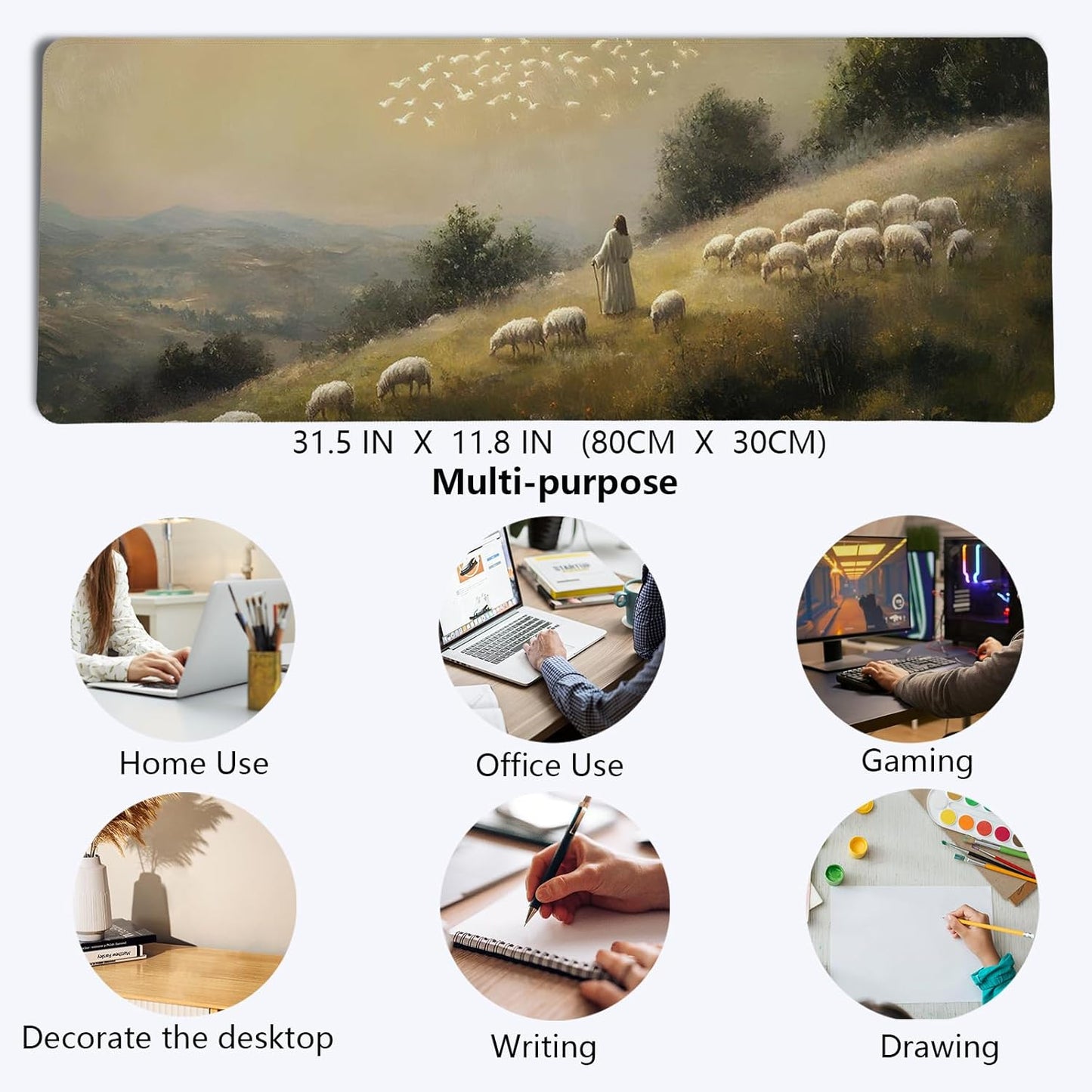 Retro Christian Themed Mouse Pad,Jesus Religious Mouse Pad,Big Large Vintage Easter Desk Mat,Jesus The Good Shepherd,Religious Gifts Christian Gifts for Women,Christian Room Decor,31.5x11.8In