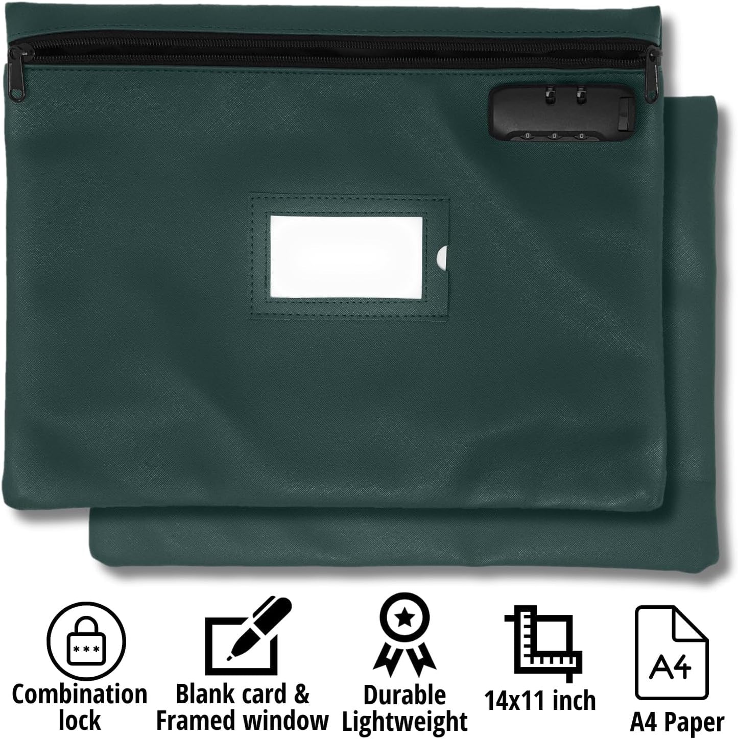 Notary Bag with Lock | 14x11 inch | Green | Zipper Notary Supplies Bag | Locking Notary Bag for Notary Kit, Stamp, Embosser, Ink Pad, and Valuables | Locking Document Bag | Journal Carrying Case