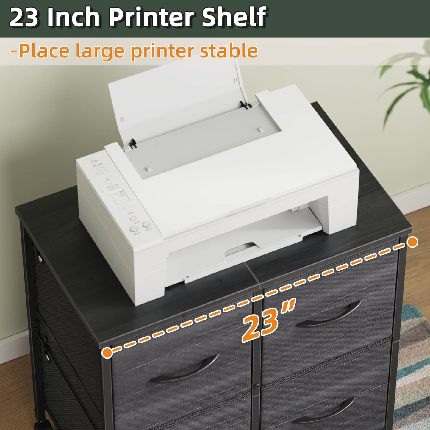 Lateral File Cabinet 4 Fabric Drawer, Mobile Filing Cabinet for Large Printer, Home Office Functional Office Storage Cabinet & Printer Stand, Fits A4/Letter Size, Charcoal Black Grain Print