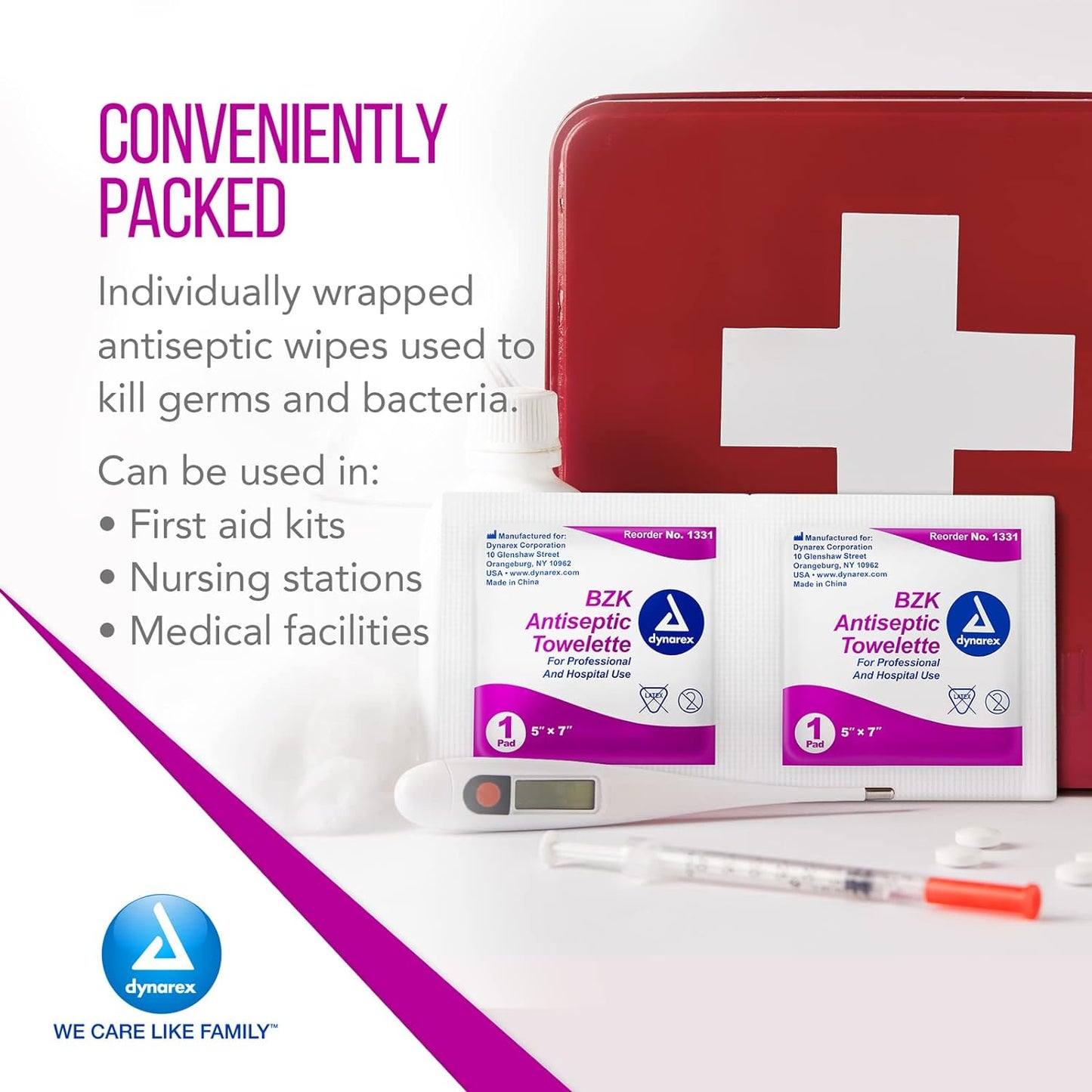 Dynarex BZK Antiseptic Towelettes - 5"x7" - Benzalkonium Chloride, Hand Sanitizing Wipes or First Aid Wound Wipes, 1 Case of 1000 (Packaging May Vary)