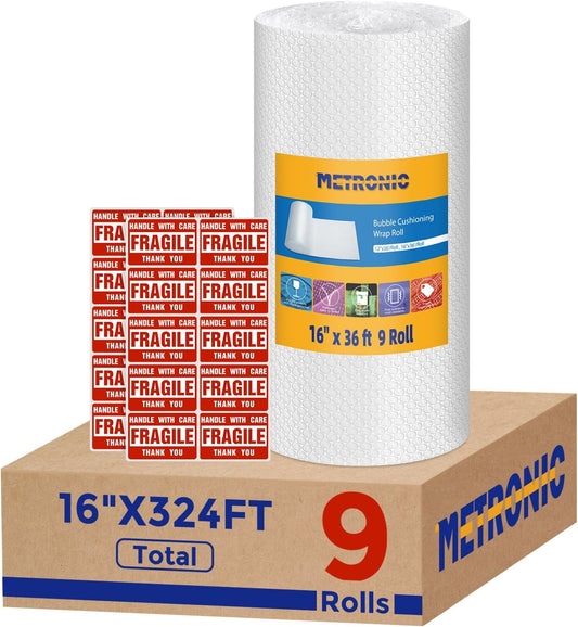 Metronic Bubble Cushioning Wrap 9 Pack 16 Inch x 324 FT, Dense Bubble Packing Air Wrap Clear Bubble Packing Roll for Shipping and Moving Supplies, Perforated Every 12"