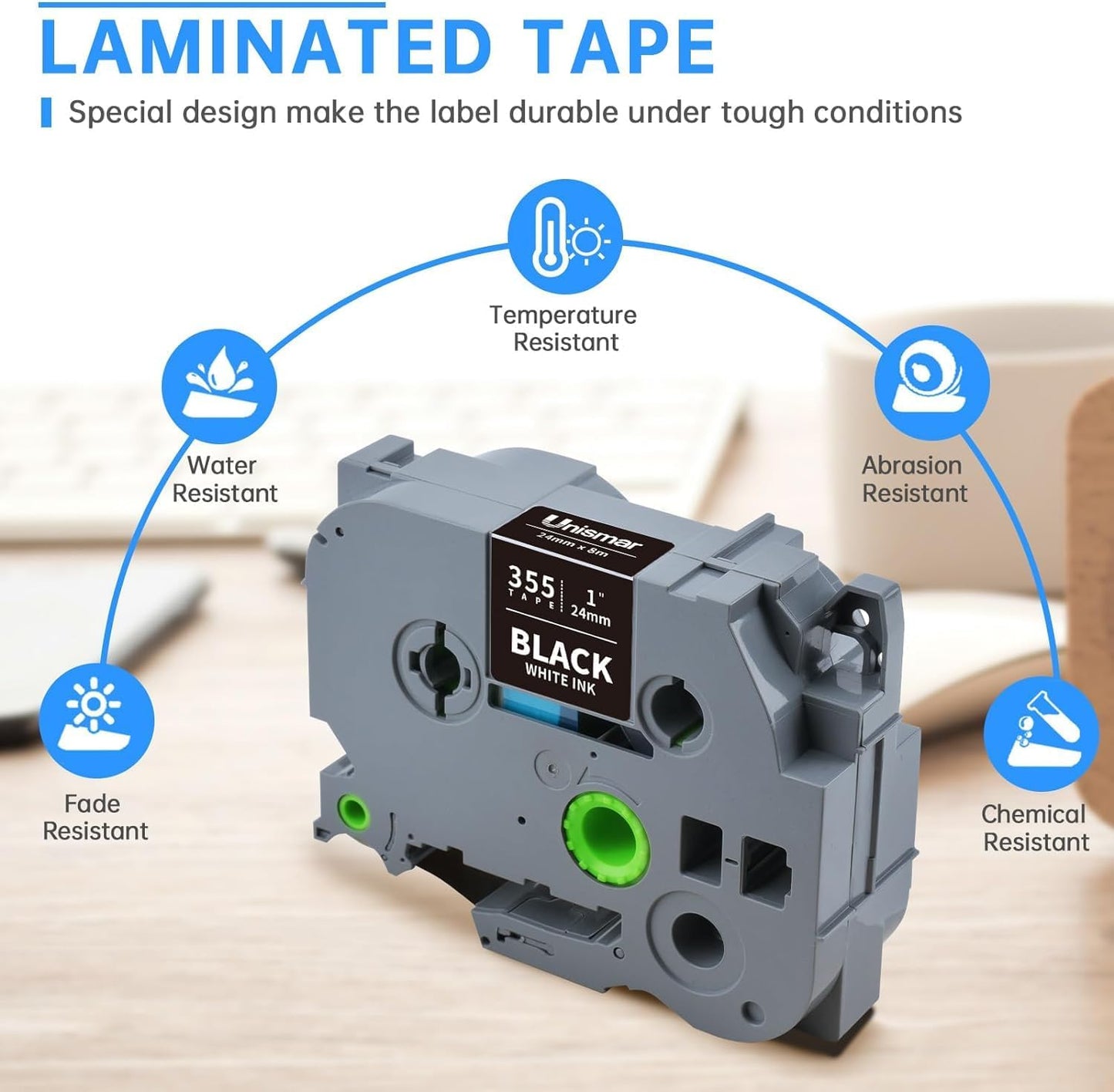 Unismar TZe-355 Compatible for Brother Ptouch 24mm 0.94 Laminated White on Black Label Tape TZ355 TZ Tape Work for PTD600 PT-P700 PT-2430PC PT-D600VP PT-D800W PT-P900W Label Maker, 1'' x 26.2', 4-Pack