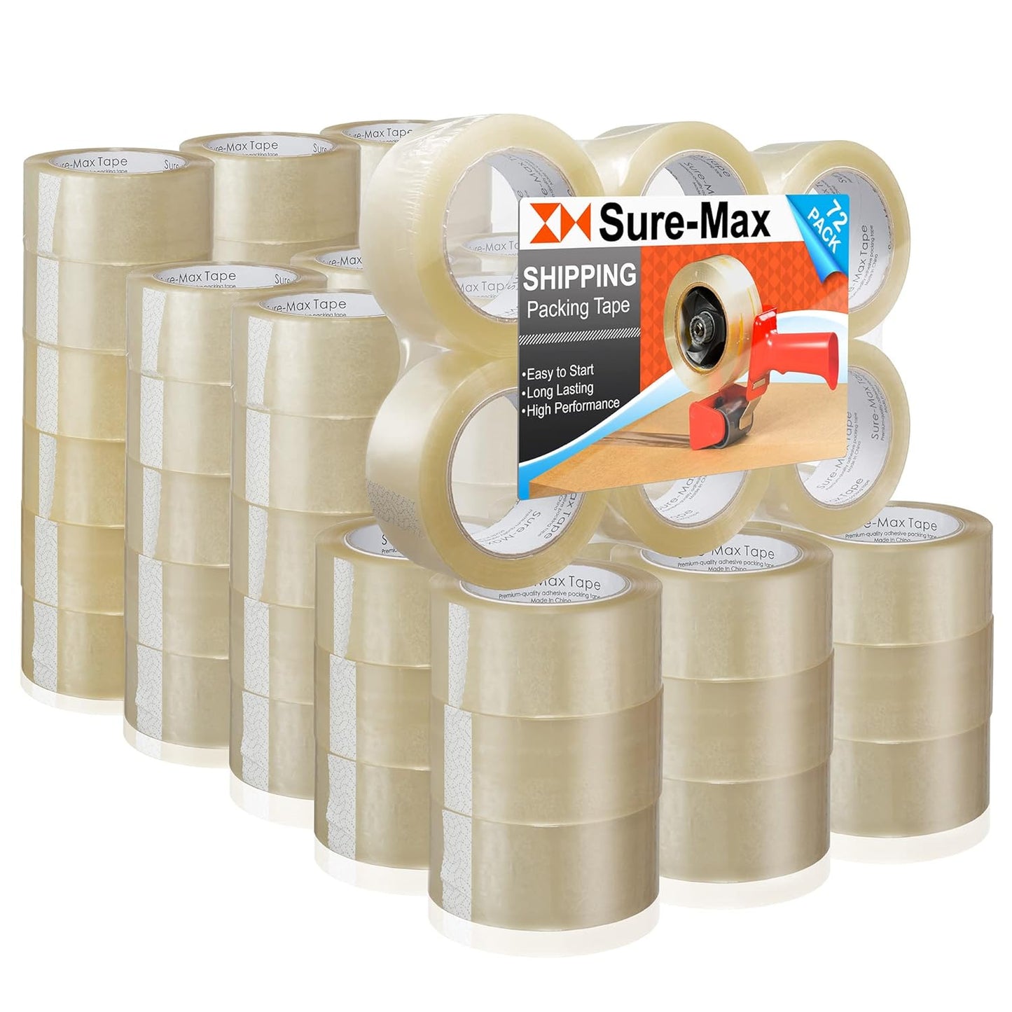 Sure-Max Premium Carton Packing Tape 1.8 mil 330 Feet (110 Yards) - Clear - 2 Cases (72 Rolls Total)