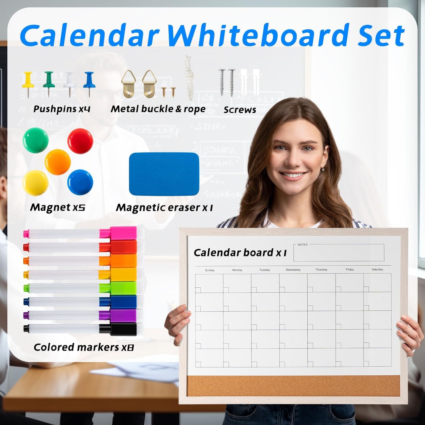 Dry Erase Calendar Whiteboard, 17" x 13" Magnetic Whiteboard Cork Board Combo, Reusable Monthly Planner with 8 Markers, Eraser, Magnets and Pushpins, Hanging Dry Erase Board for Home, School - White