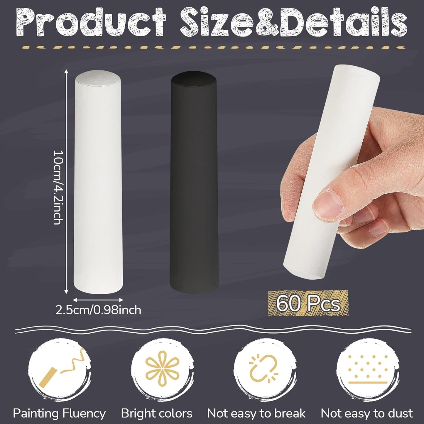 60 Pcs Sidewalk Chalk for Kids Jumbo Black White Washable Non Toxic Chalk for Classroom Outdoor Fun Creativity Art Play Painting on Chalkboard Playground Blackboard Easter Party