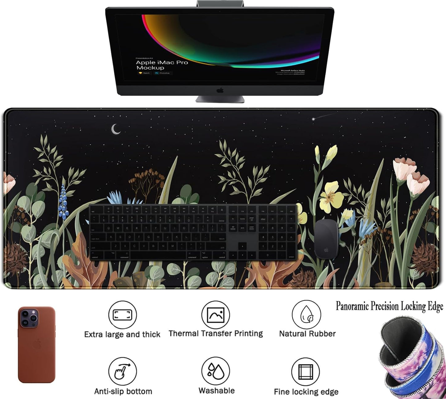 Cute Gaming Black Wild Flowers Desk Mat Mouse Pad Star Moon Floral Mousepad Large, XL Big Computer Keyboard and Mouse Mat Desk Pad Mat with Stitched Edge for Women Office Decor Deskmat 31.5x11.8 in