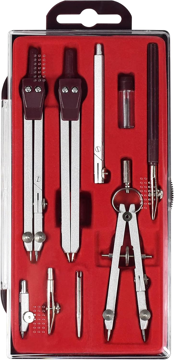 Drawing 9Pc Geometry Set Metal Compass, Geometry Precision Tool for Student, Circle Drawing Tool and Architecture, Drafting Kits for Engineer with Shatterproof Storage Box (Red)