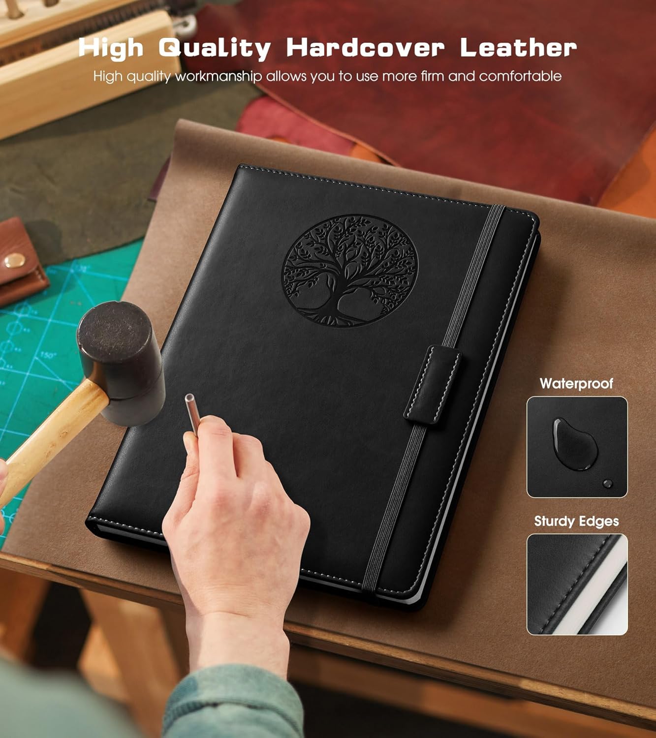 Lined Journal Notebook for Women Men,256 Pages A4 Large Hardcover Leather Journals for Writing,Travel,Business,Work,School,College Ruled Notebooks for Note Taking,Diary Notepad 8.6"×11" (Black)