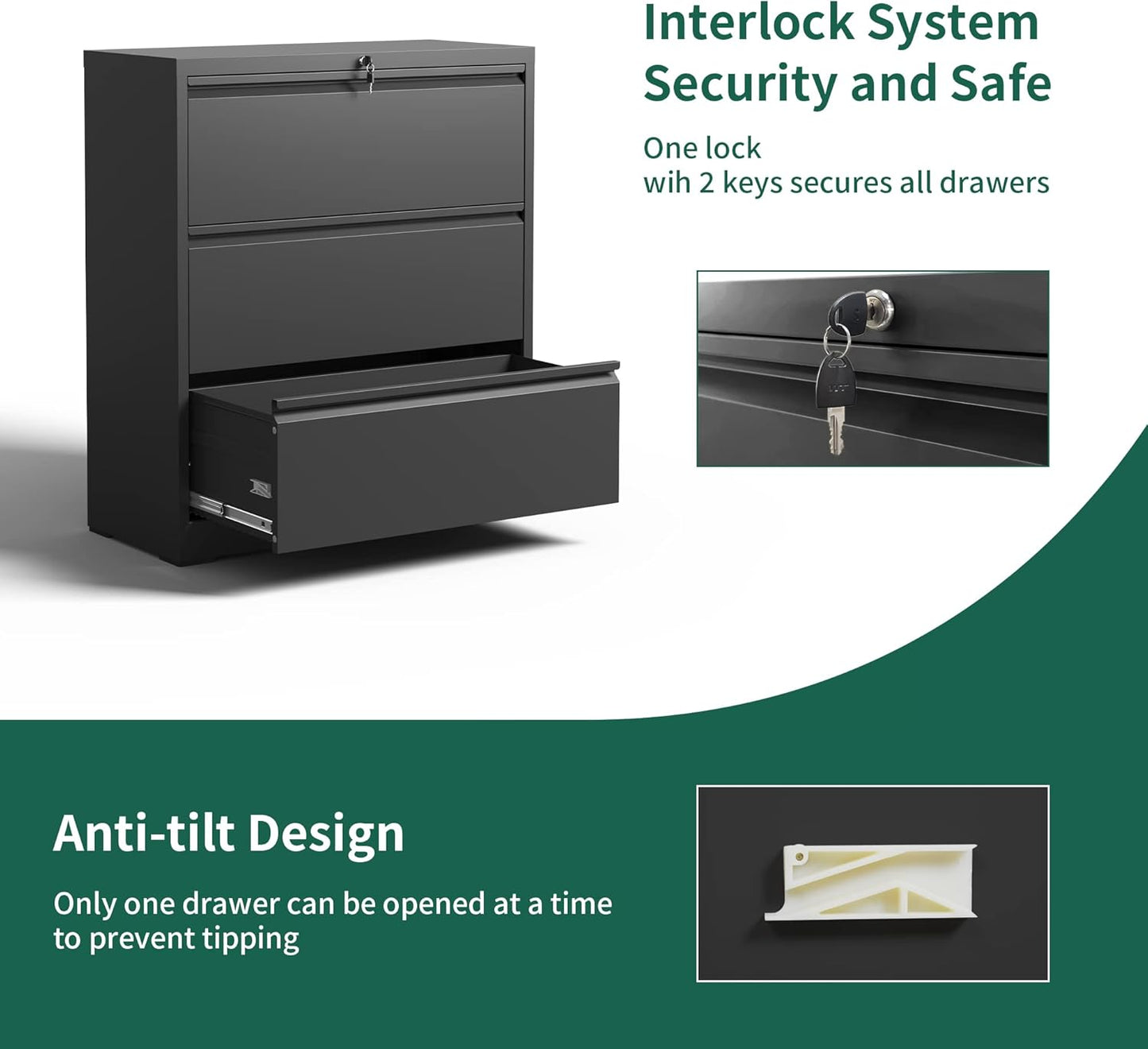 3 Drawer Lateral File Cabinet, File Cabinets for Home Office Legal/Letter A4 Size, File Cabinet with 3 Drawer Cabinet, Require Assembly, Black