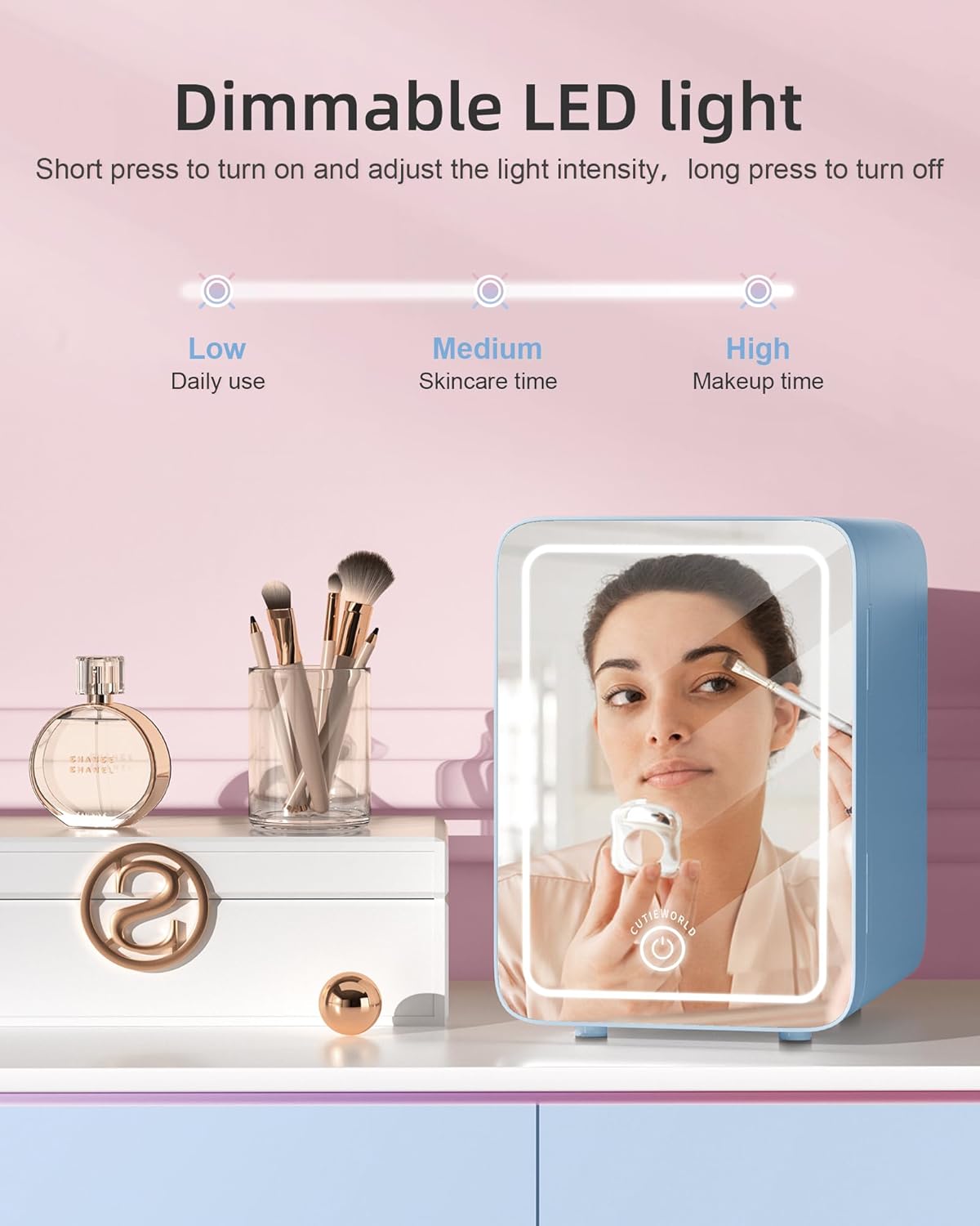 Skincare Fridge With Dimmable LED Light Mirror, 4L Makeup Mini Fridge for Bedroom, Car, Office & Dorm, Cooler & Warmer, Portable Small Refrigerator for Cosmetics, Skin Care and Food, Blue