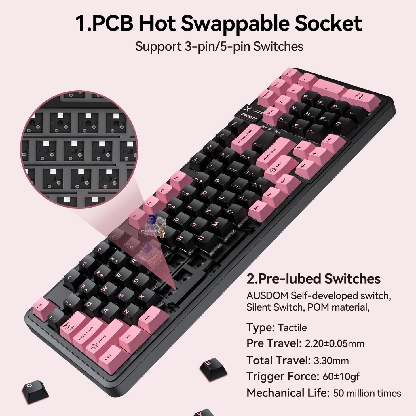 AUSDOM 98Pro Silent Wireless Mechanical Keyboard, Tri-Mode BT/2.4G/USB-C Hot Swappable Custom Quiet Keyboard with Backlit, Gasket Structure, PBT Keycaps, Pre-lubed Tactile Switches(Black Pink 97keys)
