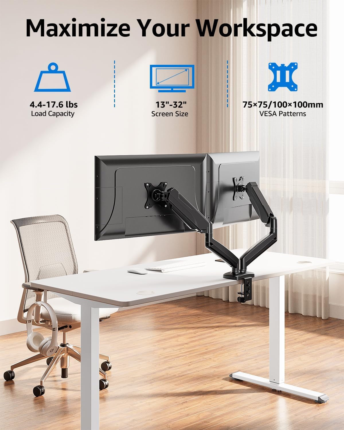 MOUNTUP Dual Monitor Stand for Desk, Pneumatic Monitor Arms for 2 Monitors Max 32 Inches, Height Adjustable Double Monitor Mount, VESA Mounts with C-Clamp & Grommet Base, Holds 4.4-17.6lbs, Black