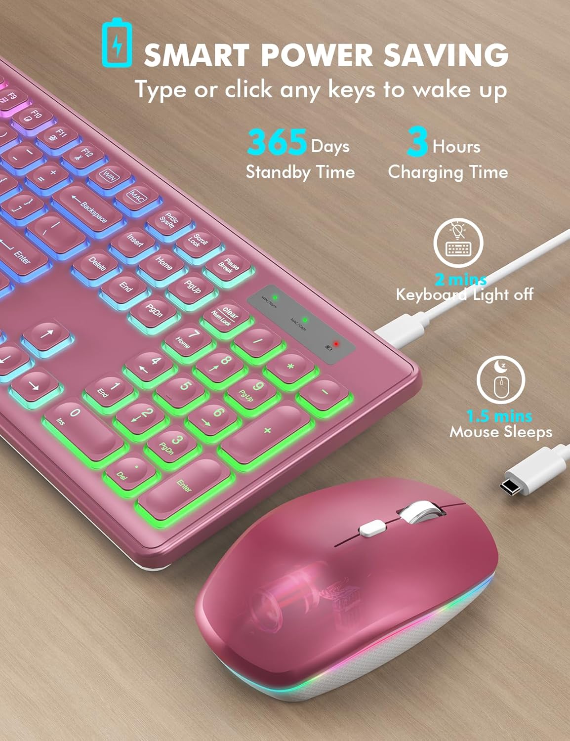 Wireless Keyboard and Mouse Combo - RGB Backlit, Rechargeable & Light Up Letters, Full-Size, Ergonomic Tilt Angle, Sleep Mode, 2.4GHz Quiet Keyboard Mouse for Mac, Windows, Laptop, PC