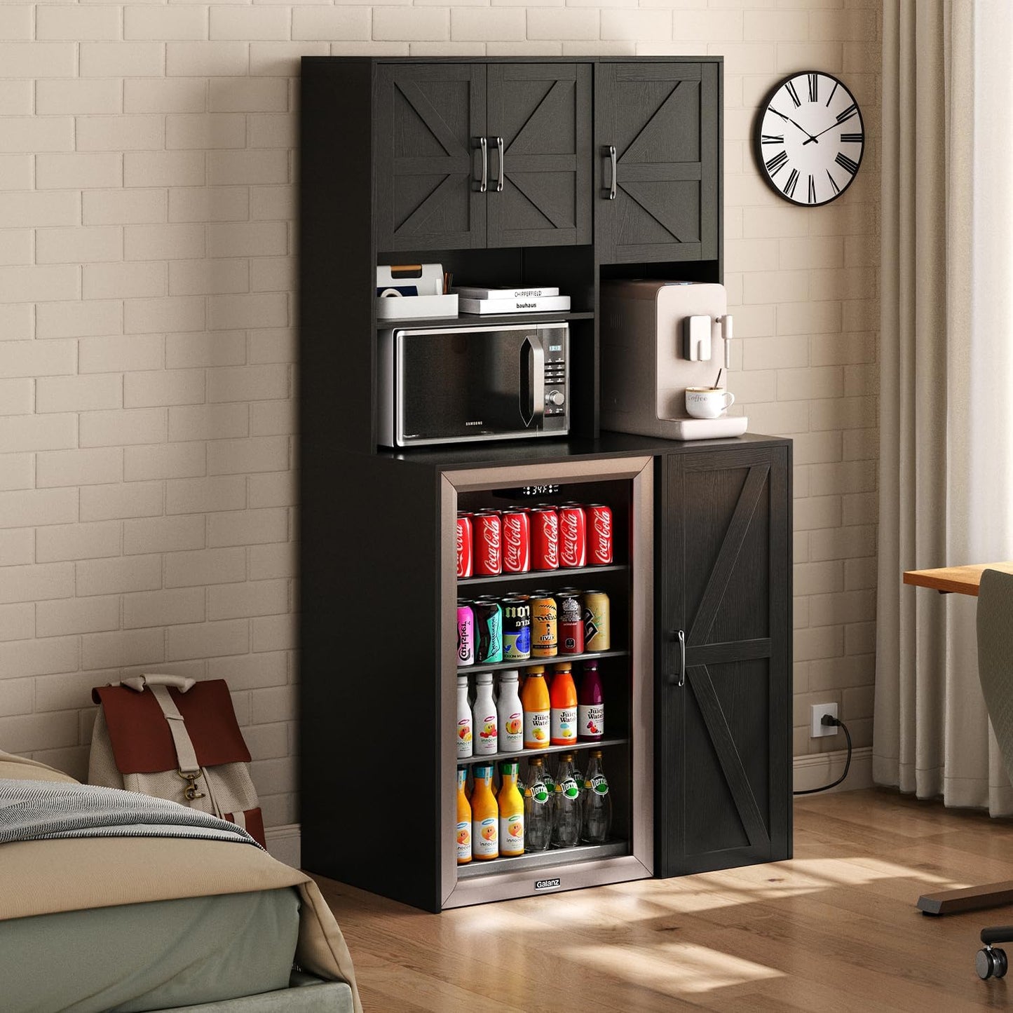 Mini Fridge Cabinet with Storage, Coffee Bar Cabinet with Mini Fridge Space and Outlet, Wine Bar Stand with Microwave Shelf, Beverage Station for Kitchen, Dorm, Office Black KH02MRB