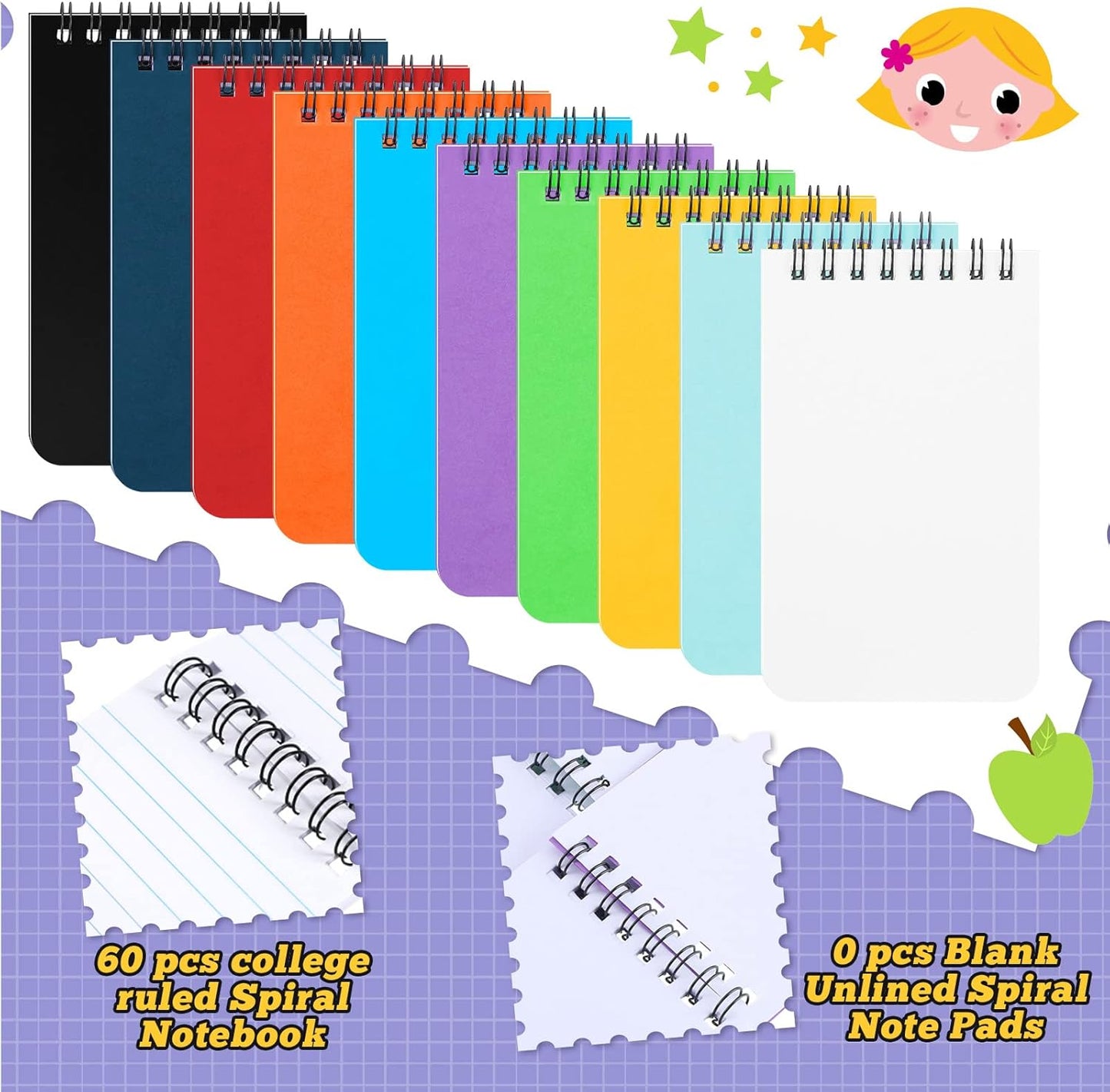 Sinmoe 120 Pack Small Spiral Notebooks 3x5 inch Mini Pocket Notepad Bulk Wire bound Top Spiral Memo Note Pads 60 College Ruled Notebook and 60 Blank Unlined Journals Assorted Steno Pads