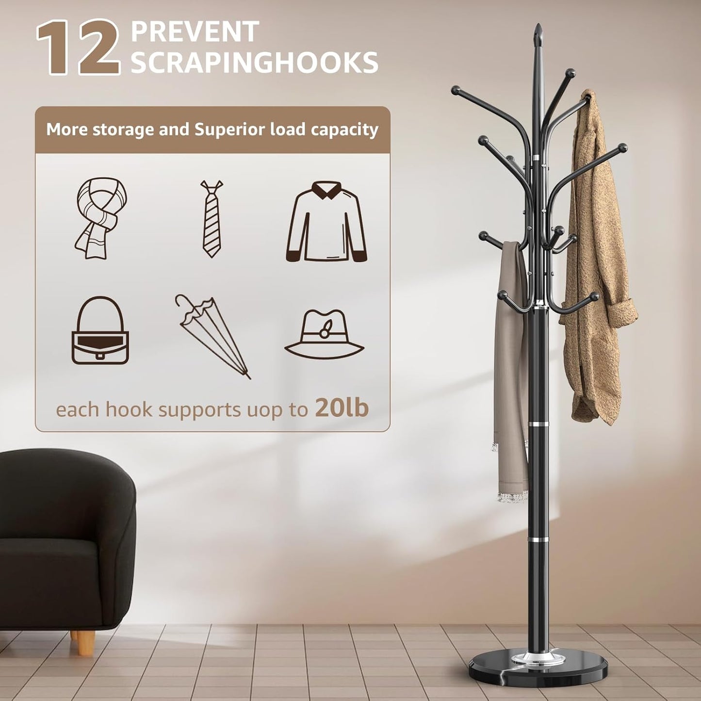 Heavy Duty Coat Rack with Marble Base, Freestanding Hall Coat Tree with 12 Hooks and 3 Adjustable Sizes, Metal Coat Rack Stand for Entryway, Bedroom, Office Hanging Purses, Coats, Scarves, Hats