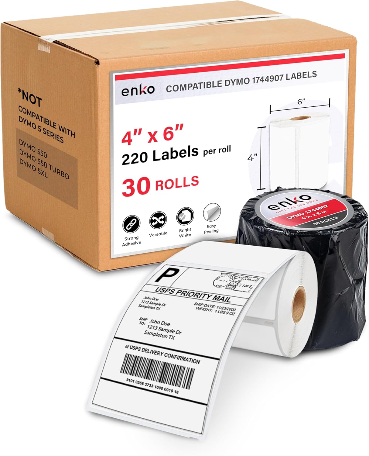 enKo Compatible Zebra 4x6 Label and Dymo Labels 1744907 - (4" x 6") Address and Shipping Labels for Dymo Labelwriter 4XL Shipping, Zebra and Desktop Direct Thermal Printers (30 Rolls, 6,600 Labels)