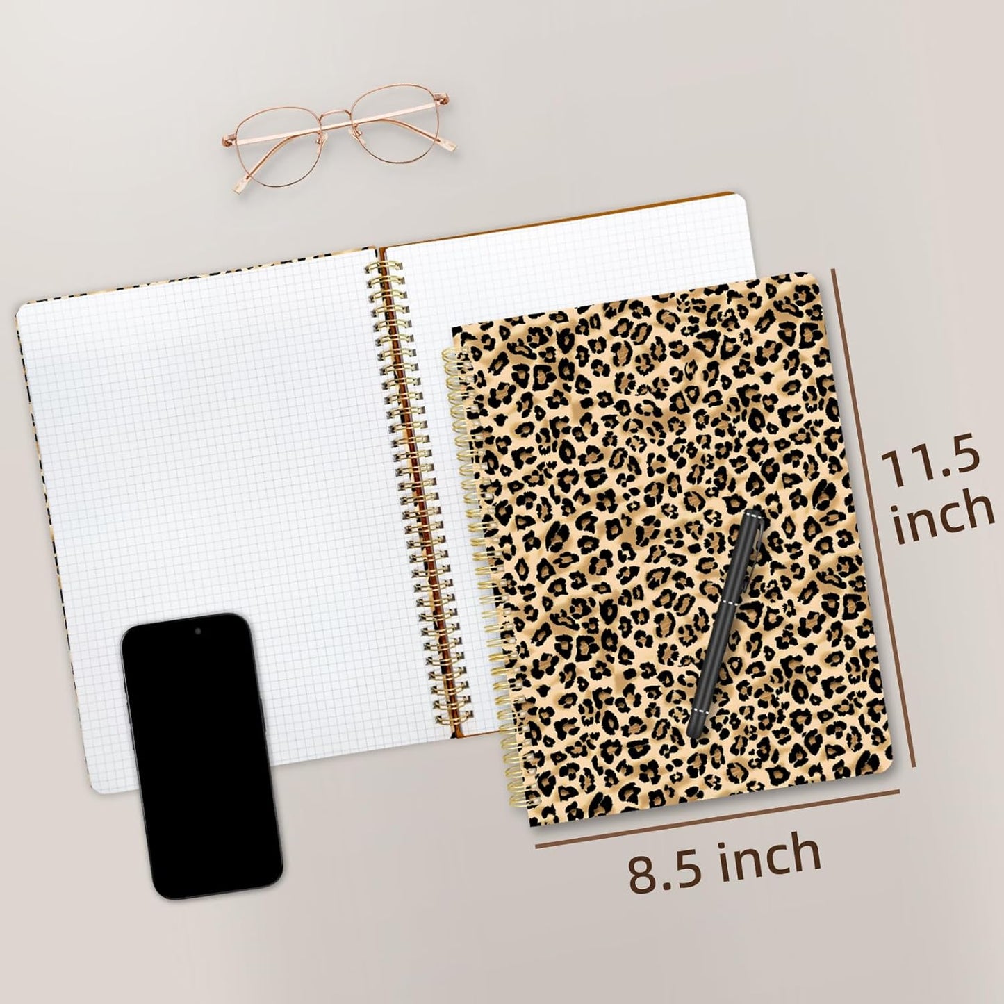 Cute Spiral Notebook journal A4 Aesthetic Pretty Design for Women Girls Kawaii with Pocket, 8.5 x 11 inch, Graph, Leopard