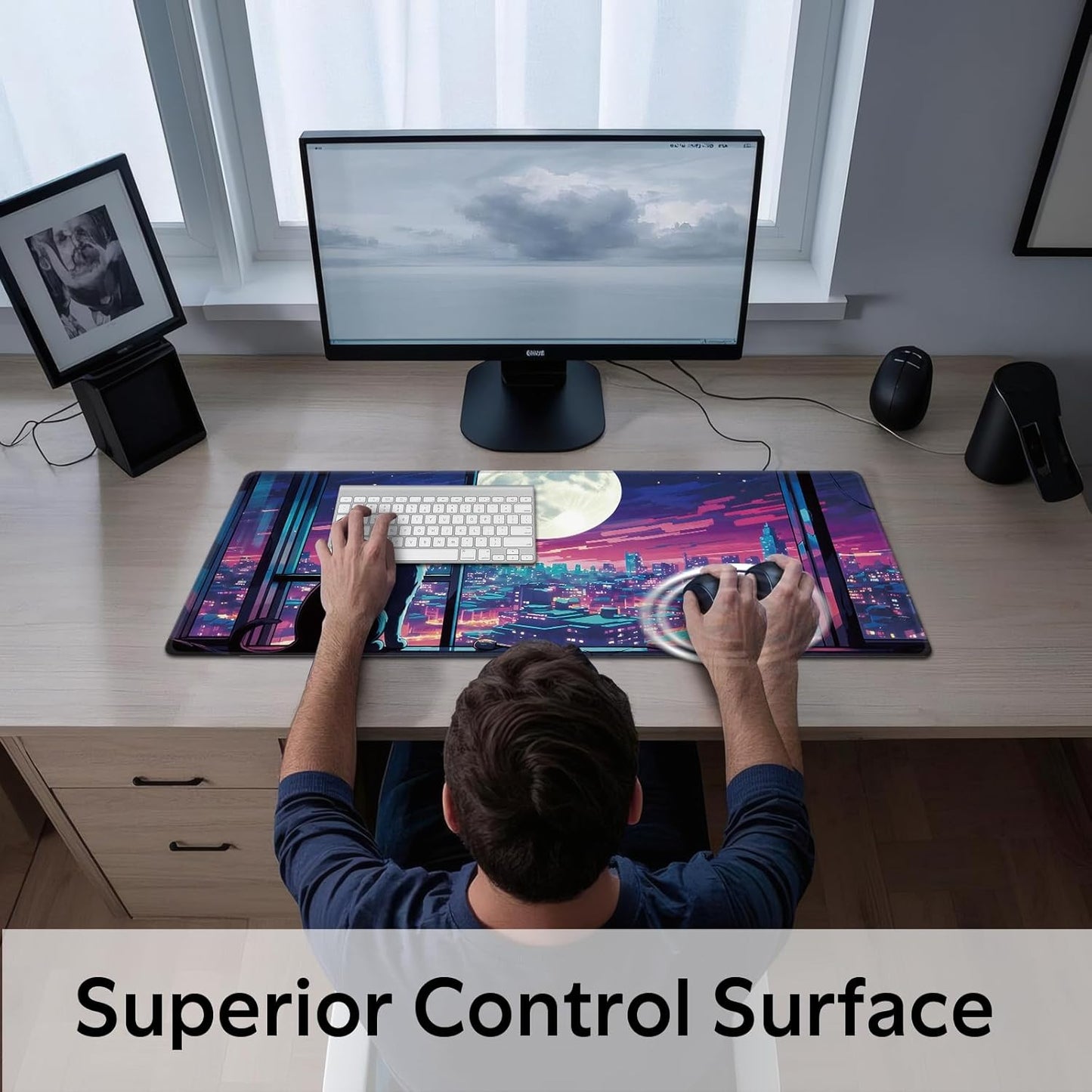 Cool Purple Moom Cat Mouse Pad, City Cats Busy Night Scene Mousead - Large Non-Slip Desk Mat for Office, PC, Laptop - 31.5"x11.8" x 3mm