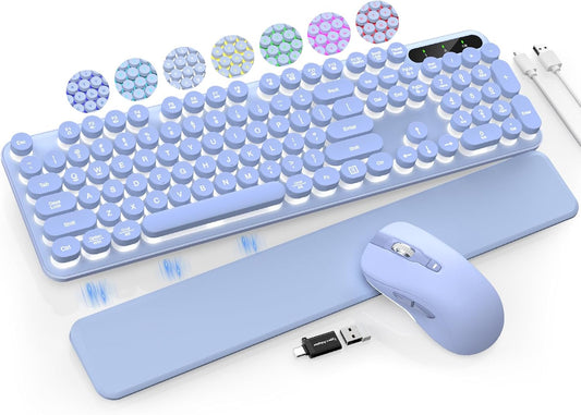 Wireless Keyboard and Mouse Backlit - Typewriter Keyboard with Retro Round Keycaps, Detachable Wrist Rest, Light Up Letters, 2.4G Rechargeable Combo for Mac, Windows, PC, Laptop, Trueque (Purple)
