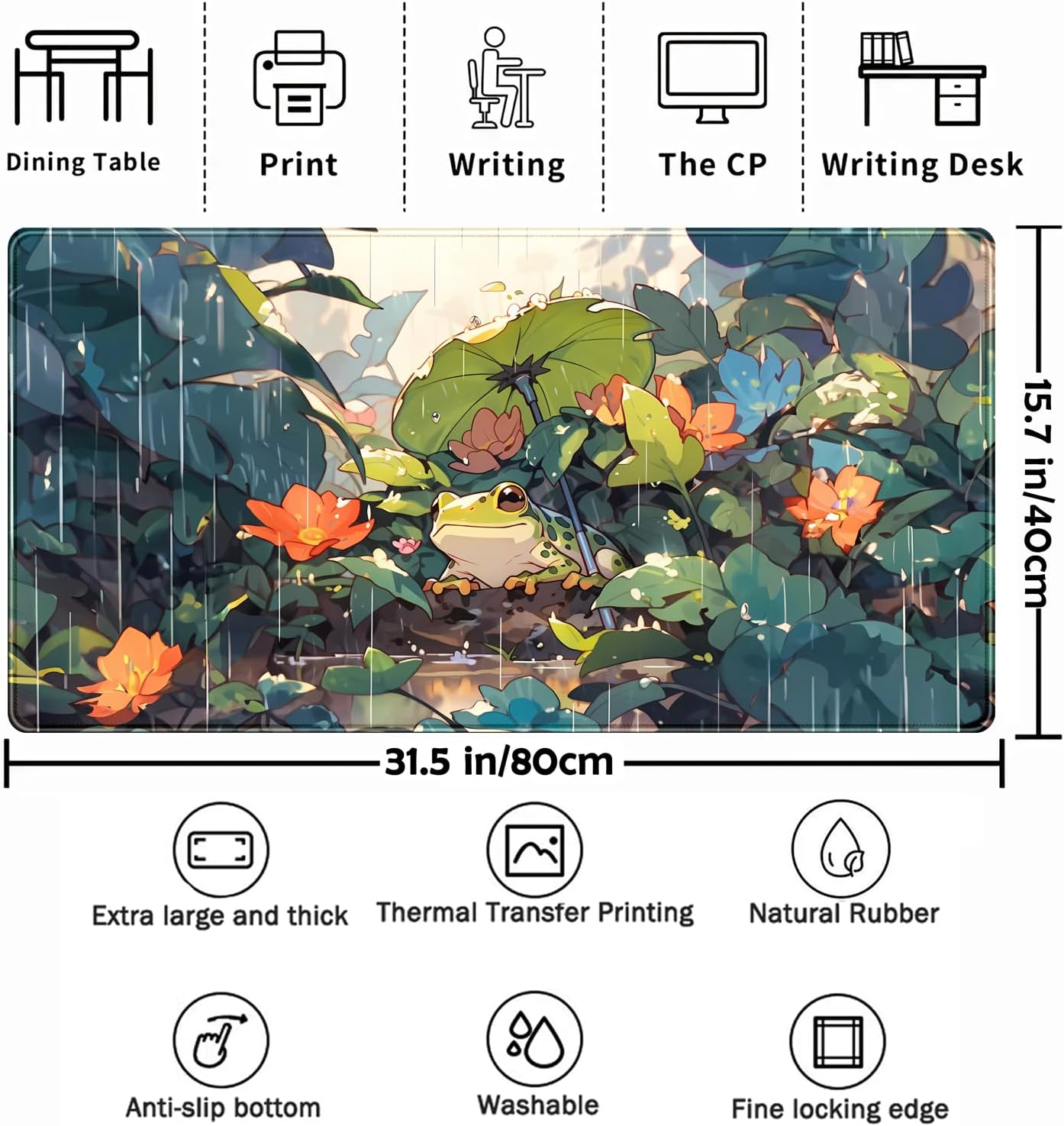 Anime Frog Mouse Pad Desk Mat Cure Frogs On Rainy Days Green Desk Decor Mat, Large Gaming Mouse Pad for Desk Computer Keyboard Laptop, Desk Decor Home Office Accessories for Girl with Stitched Eges