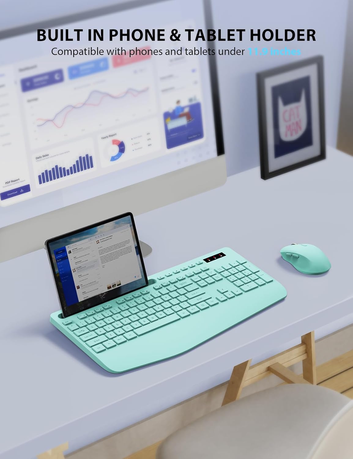 Wireless Keyboard and Mouse Combo - Full-Sized Ergonomic Keyboard with Wrist Rest, Phone Holder, Sleep Mode, Silent 2.4GHz Cordless Keyboard Mouse Combo for Computer, Laptop, PC, Mac, Windows (Green)