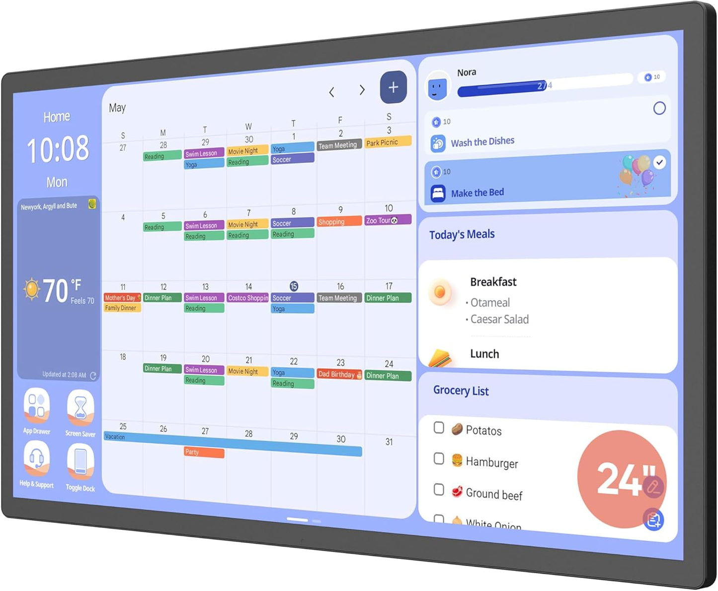Cozyla Digital Calendar+ 2: 24 inch Wall Planner Touch Screen Chore Chart Customize Dashboard Smart Electronic Calendar for Family Schedules Meal Planner Support Any Google Play App Wall Mount Black