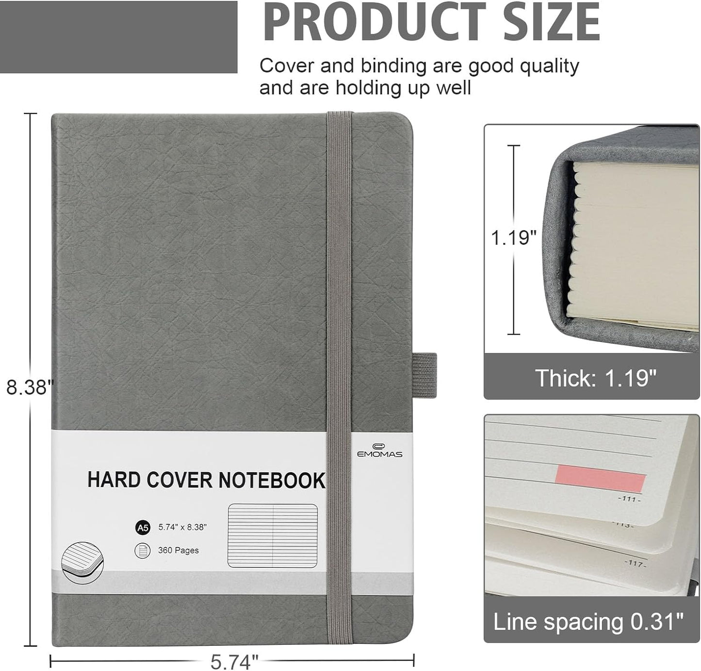 Lined Journal Notebook, 360 Numbered Pages(With page number), Thick Journal for Writing A5 College Ruled Notebook, 100gsm Lined Paper, Leather Hardcover, 5.75'' X 8.38''-Wall Gray