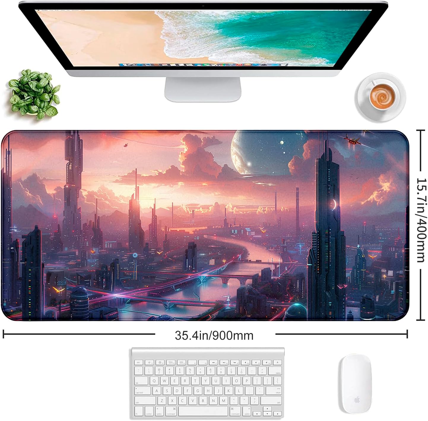 Digital Anime City Night View Office Art Desk Mat, Female Aesthetic Style Oversized Stitched Edge Laptop Keyboard Desk Mat 35.4 x 15.7 x 0.12 Inches