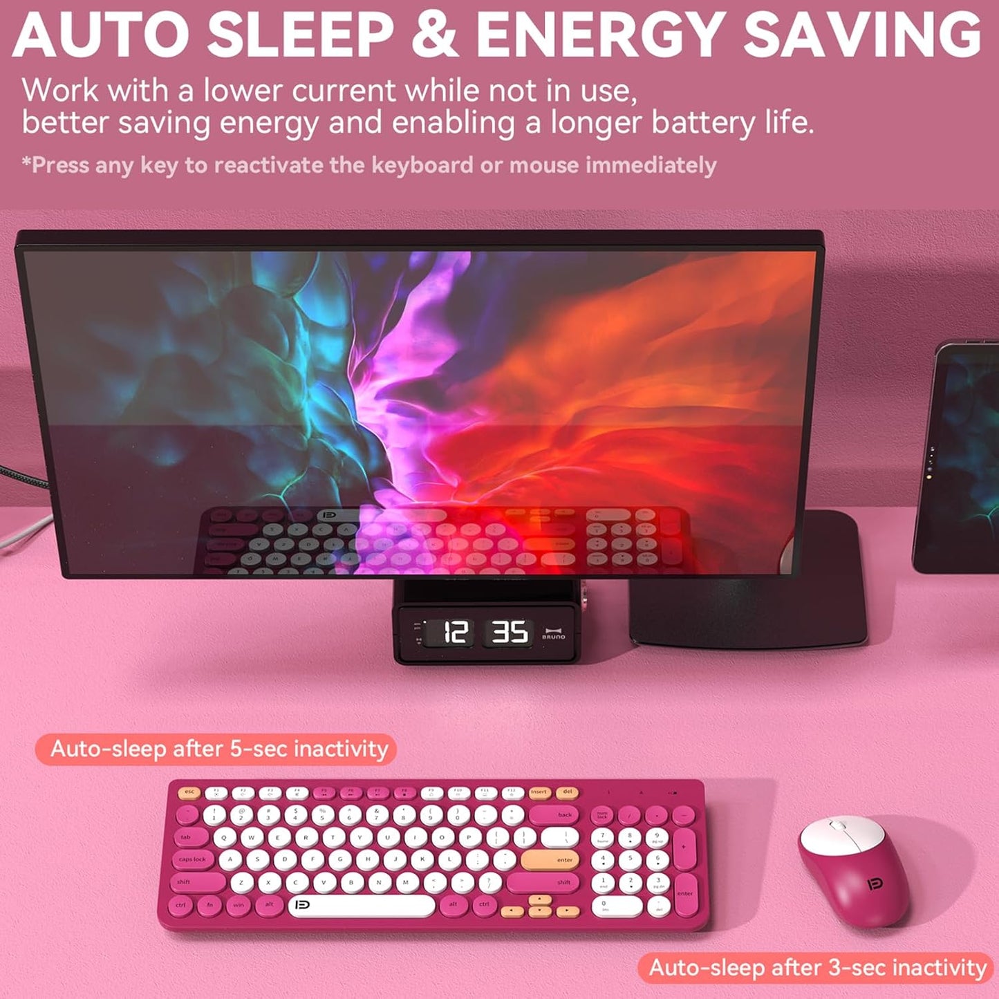 FD Wireless Keyboards and Mouse Combo - 2.4GHz USB Cordless, Cute Wireless Keyboard Round Keys, Quiet and Slim Set for Laptop, Computer, TV and Mac - Strawberry White Colorful