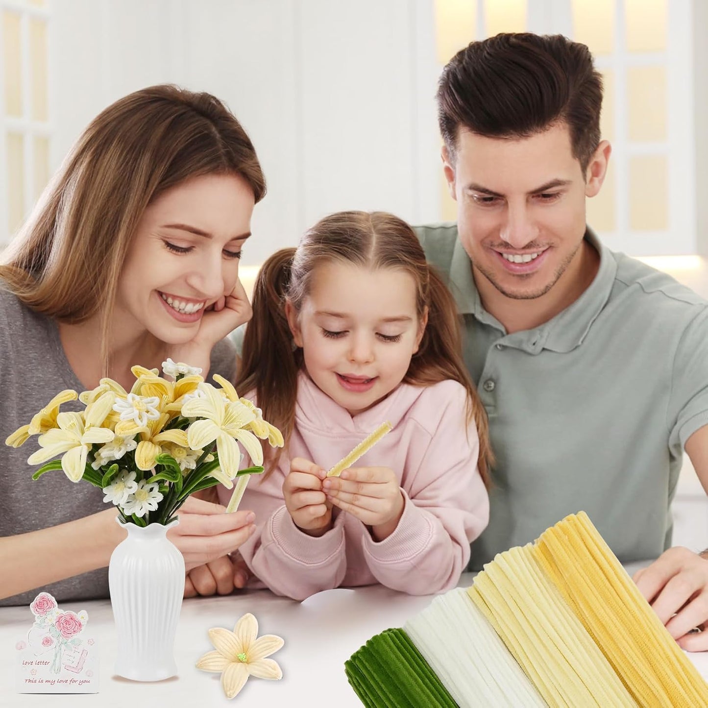 400 Pcs Pipe Cleaners Craft Set，4 Colors Chenille Stems Bulk with Floral Wires, Gardening Tape,Hot Glue Stick,Greeting Card,Bouquet Paper, Stamen & Ribbon, Flowers Craft kit for DIY Handmade Bouquet