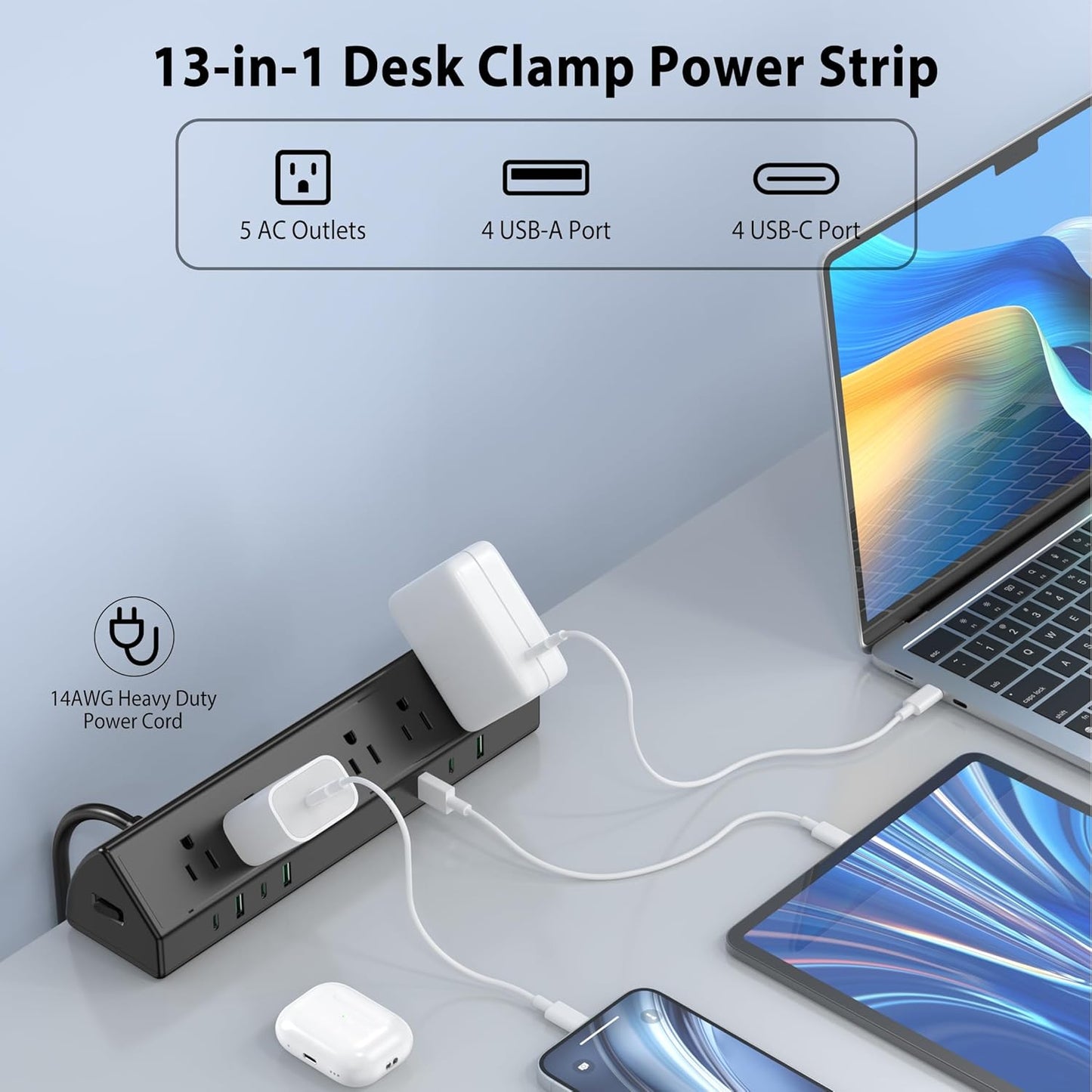 45W Fast Charging Station,Desk Clamp Power Strip,4 PD USB-C Ports,5 AC Outlets,Surge Protector Power Strip, 14AWG Heavy Duty Cord, Fits 1.9" Tabletop Edge (Black, 15 FT Cable)