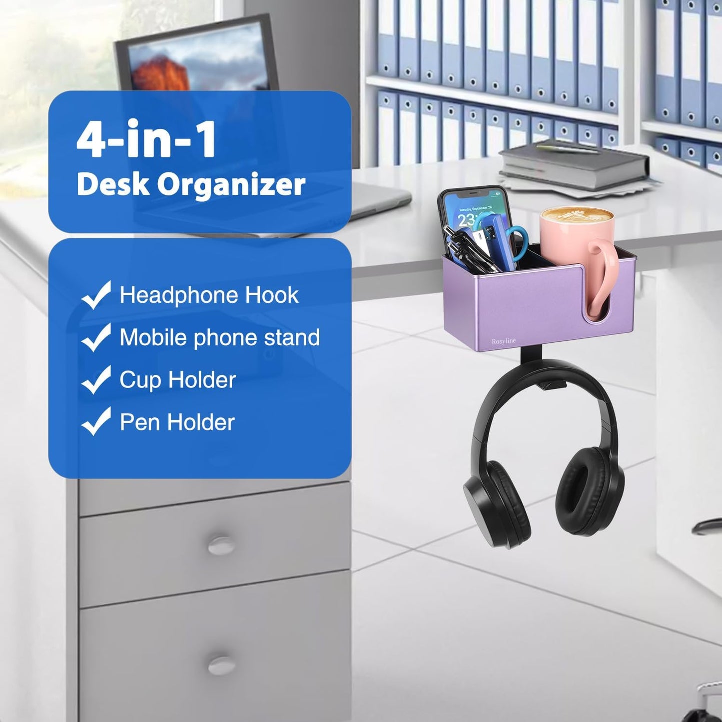 Rosyline 3-in-1 Clip-on Desk Organizer for Expanding Office and Gaming Space - Pen, Headphone, and Desk Item Holder (Purple)